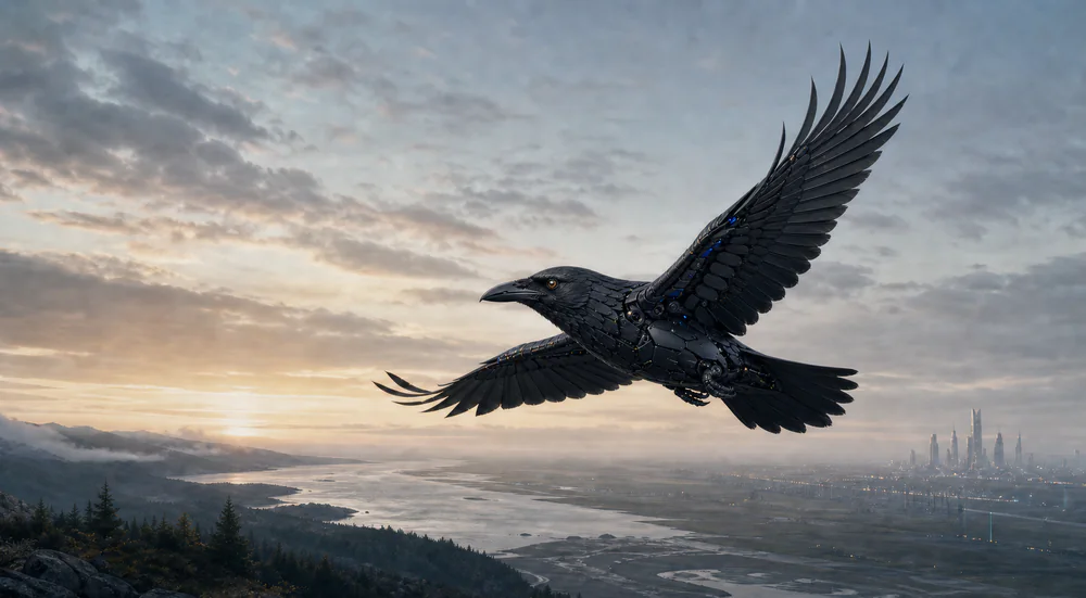 A mechanical raven flies from a living landscape toward an emerging city at dawn.
