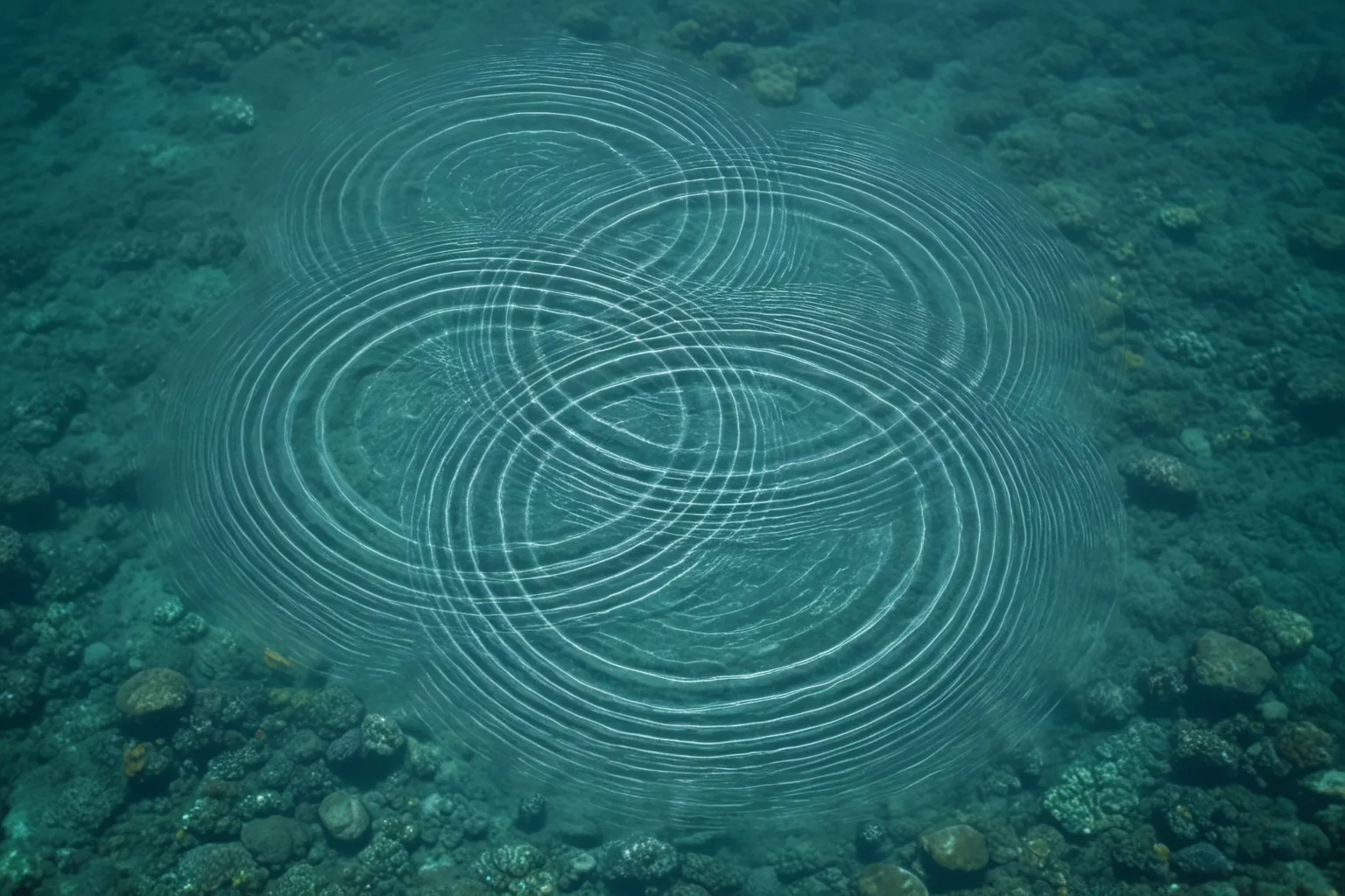 Ripples in a still-water pond, spreading out and creating a venn diagram