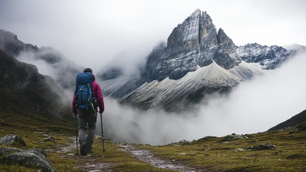 A hiker walking toward a mountain. The base of the mountain is covered in fog, making their path unknowable. But they walk on anyway.
