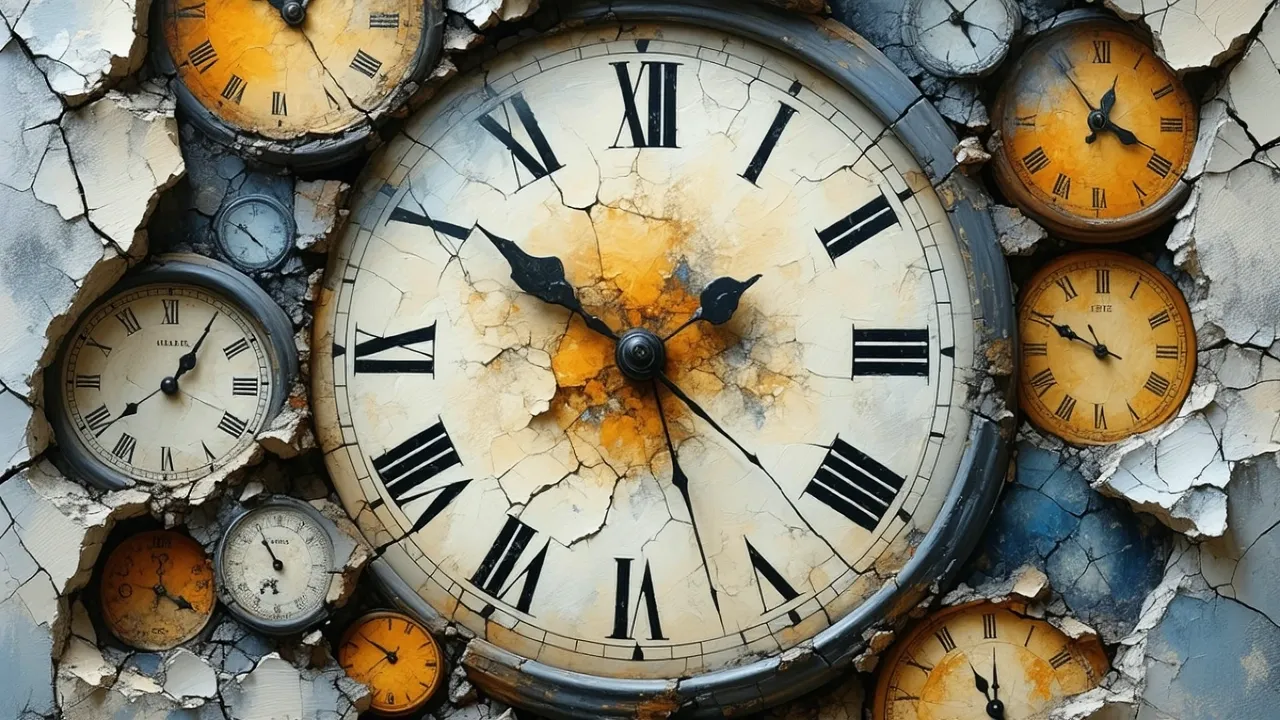 Various old and weathered analog clocks, each showing a different plane of time - local, galactic, cosmological