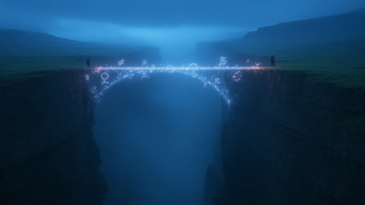 A chasm between two plateaus. An ethereal bridge of understanding, with "ropes" made of inquiry, makes the chasm passable.