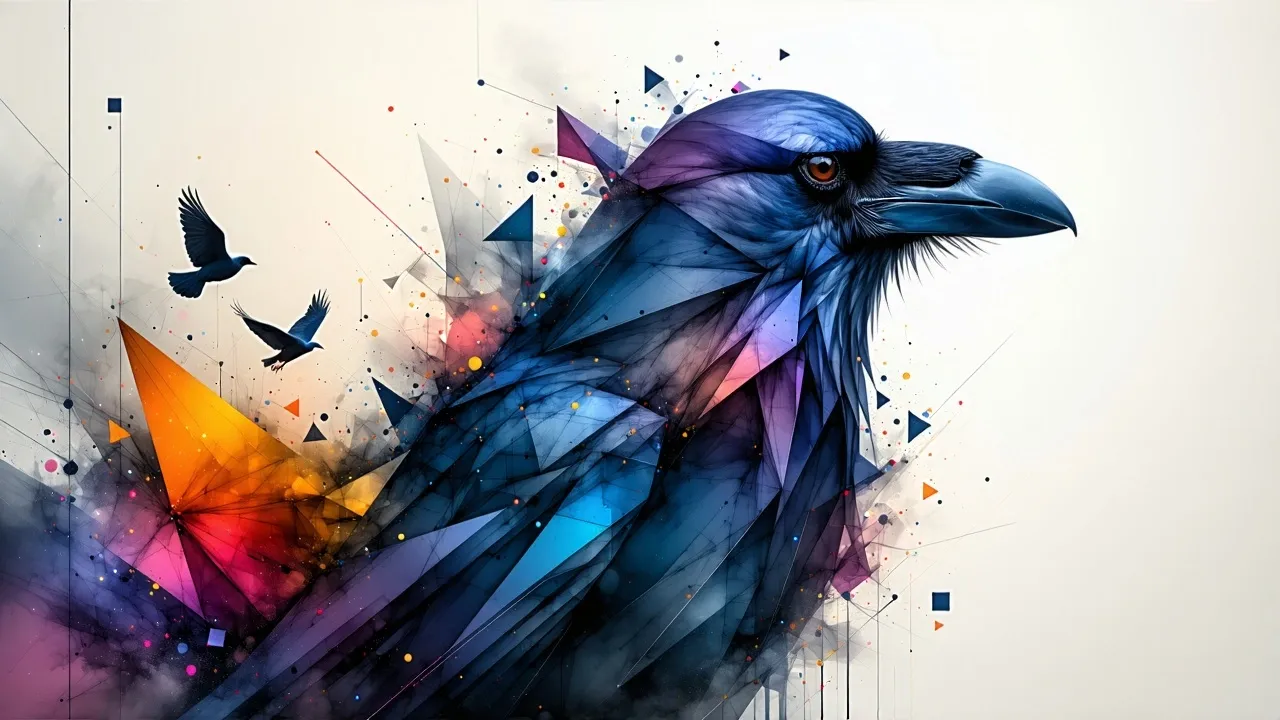 An abstract, fragmented depiction of the profile of a messenger Raven, against an off-white background.