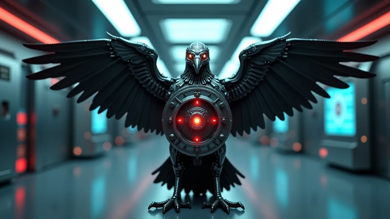 A mechanical raven, wings outstretched, stands in a well-lit metal corridor. It's body is a circular locked vault, with red glowing light