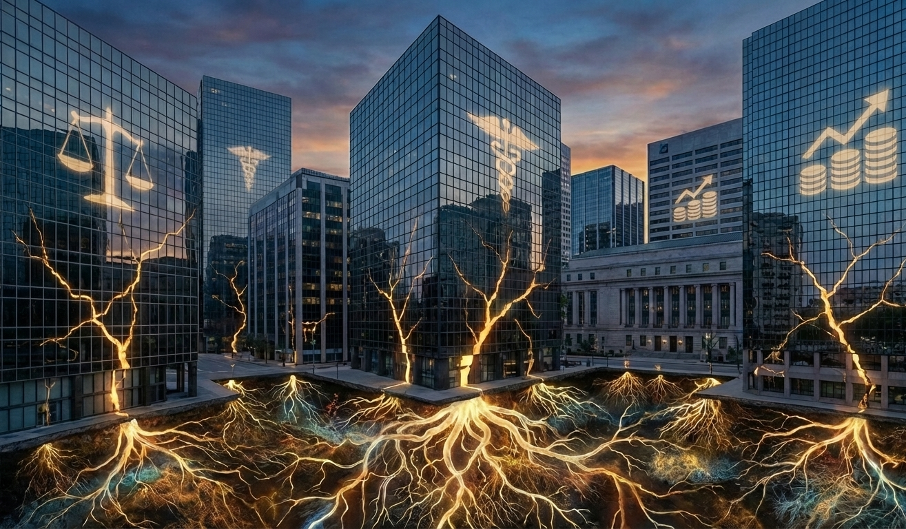 Glass towers of professional gatekeeping with cracks of light and mycelial networks growing through foundations, representing systemic transformation.