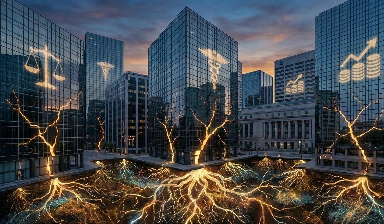 Glass towers of professional gatekeeping with cracks of light and mycelial networks growing through foundations, representing systemic transformation.