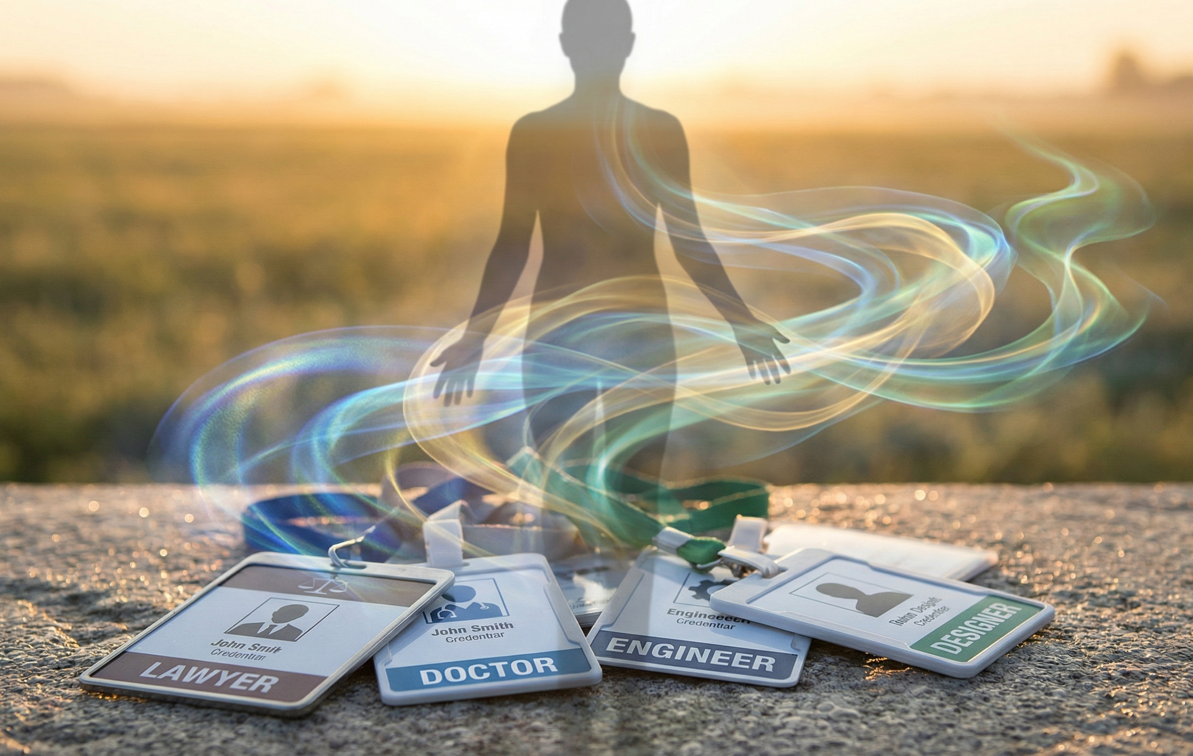 Professional identity badges dissolving into fluid iridescent streams around a figure touching multiple domains, symbolizing identity transformation.
