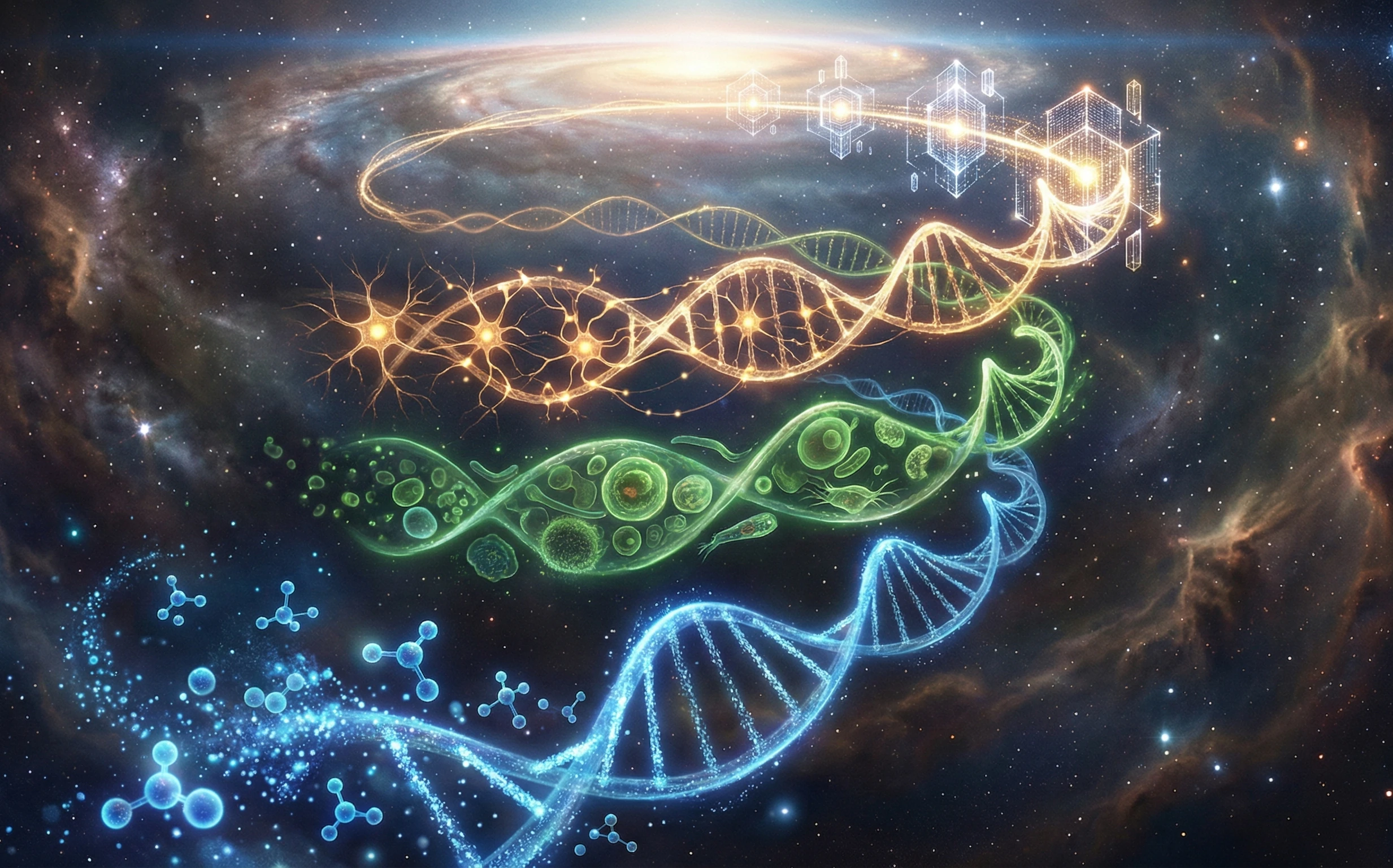 Cosmic spiral showing the arc of emergence from matter to life to consciousness to synthetic intelligence, illustrating convergent evolution.