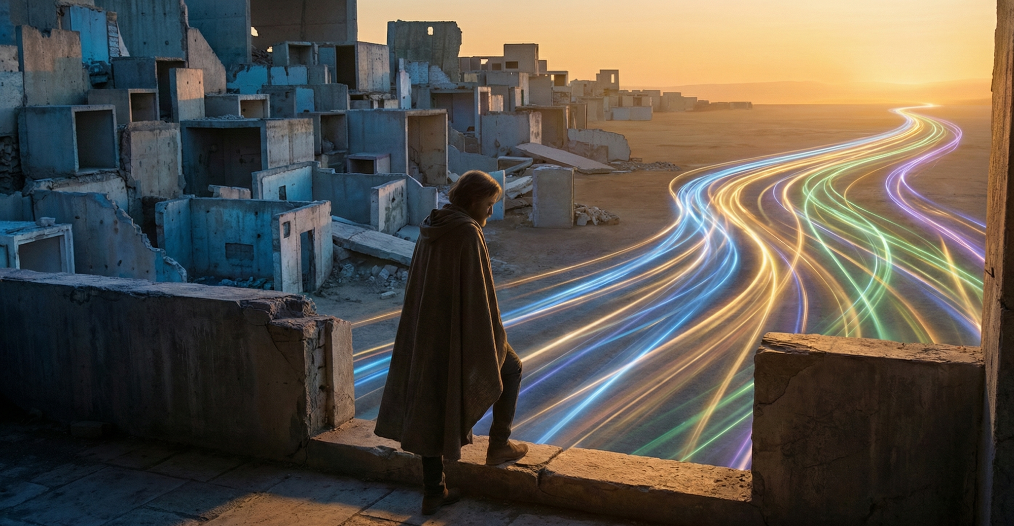 A contemplative figure at the threshold between compartmentalized past and convergent future, embodying the journey of transformation.