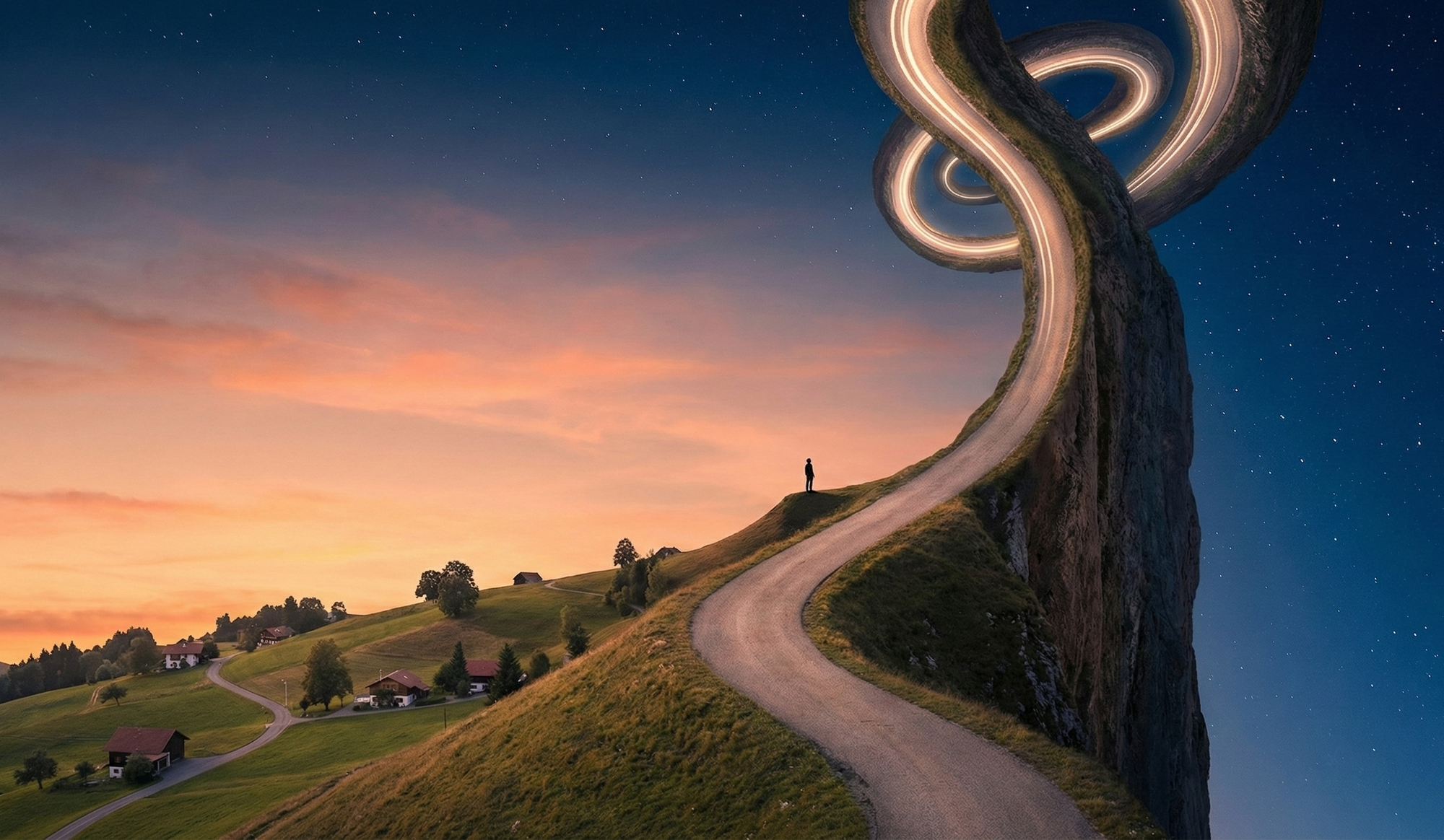 An exponential curve becoming landscape, steepening beyond vertical into folded spacetime, with a figure at the inflection point gazing upward.