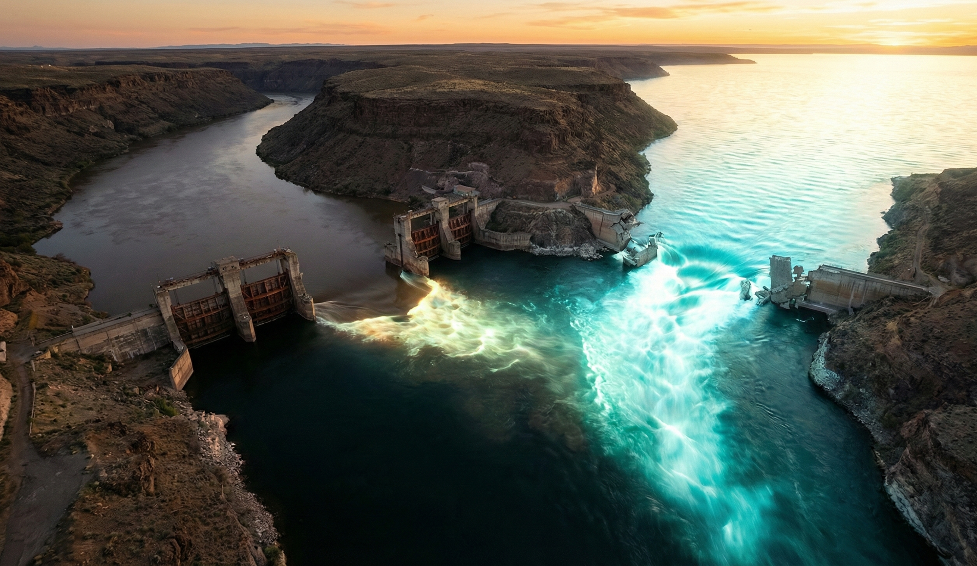 A luminous river of flowing intelligence breaking through dams and transforming stagnant pools, expanding into an ocean of shared abundance.