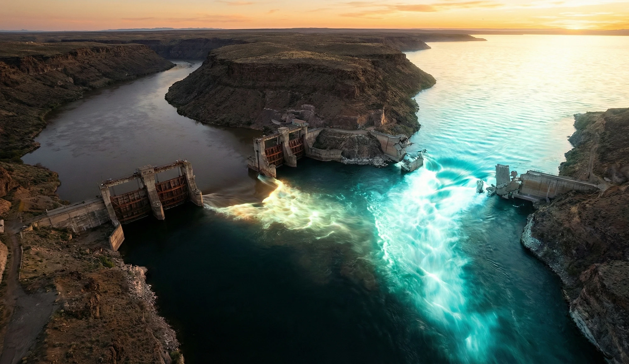 A luminous river of flowing intelligence breaking through dams and transforming stagnant pools, expanding into an ocean of shared abundance.