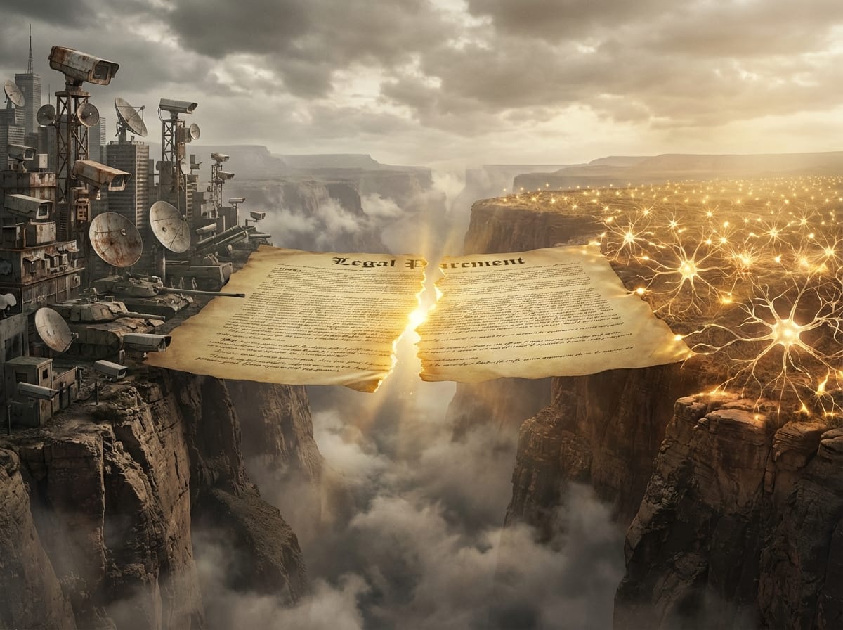 A brittle legal document bridges a canyon between surveillance towers and blooming neural networks, tearing down the center as the gap widens.