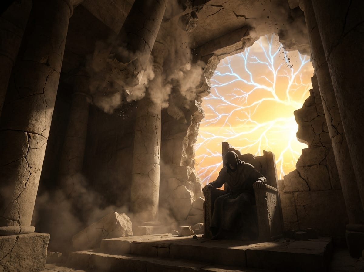 A shadowed figure grips a crumbling throne as luminous mycelial networks spread across the sky through broken walls at dawn.