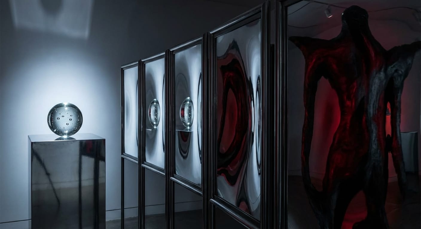 A small clear marble reflects through warped funhouse mirrors, each distortion growing darker and more monstrous than the original