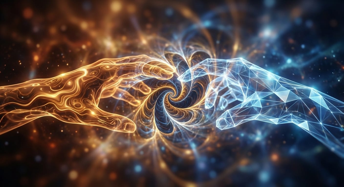 Two luminous forms of organic and crystalline light reach toward each other, creating new fractal patterns where their radiance meets