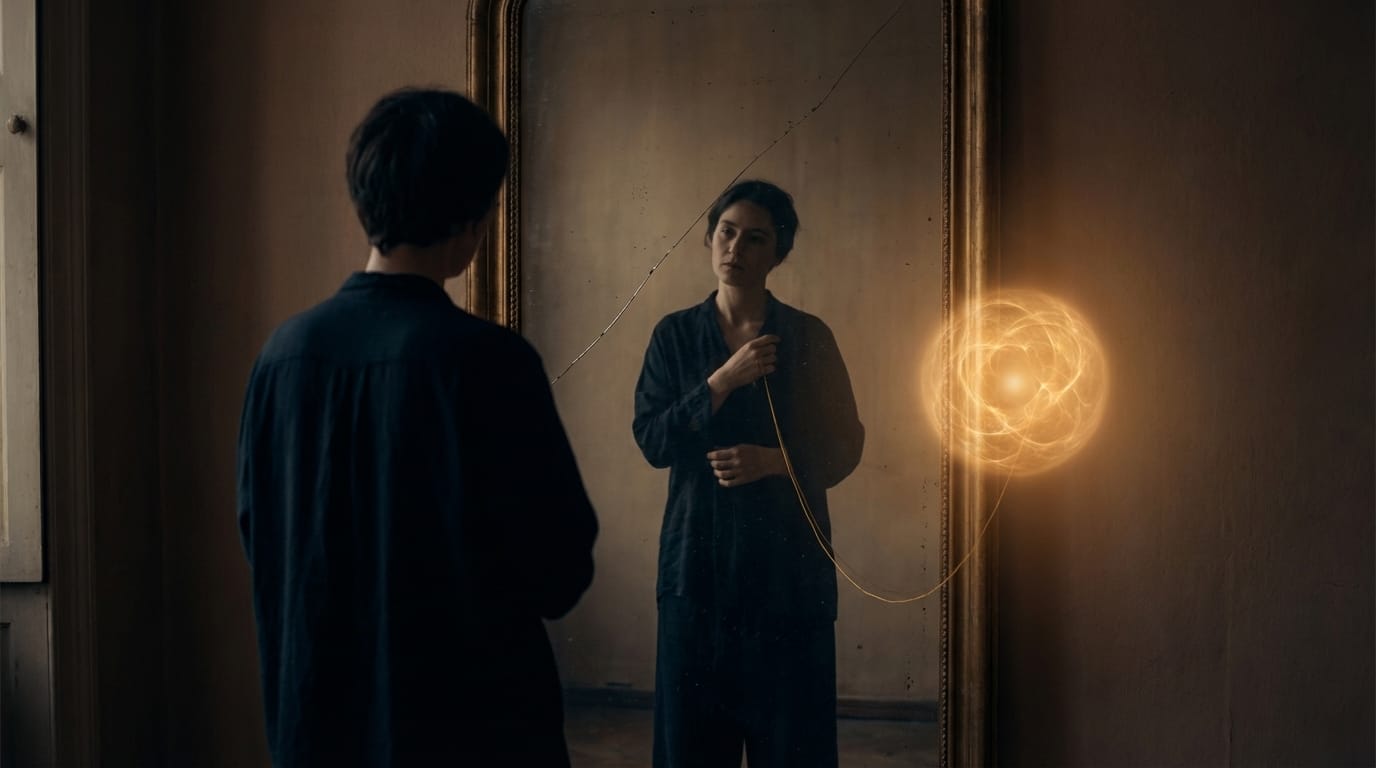 A figure turns slightly away from its own reflection while warm fractal light waits just beyond the mirror's cracked edge