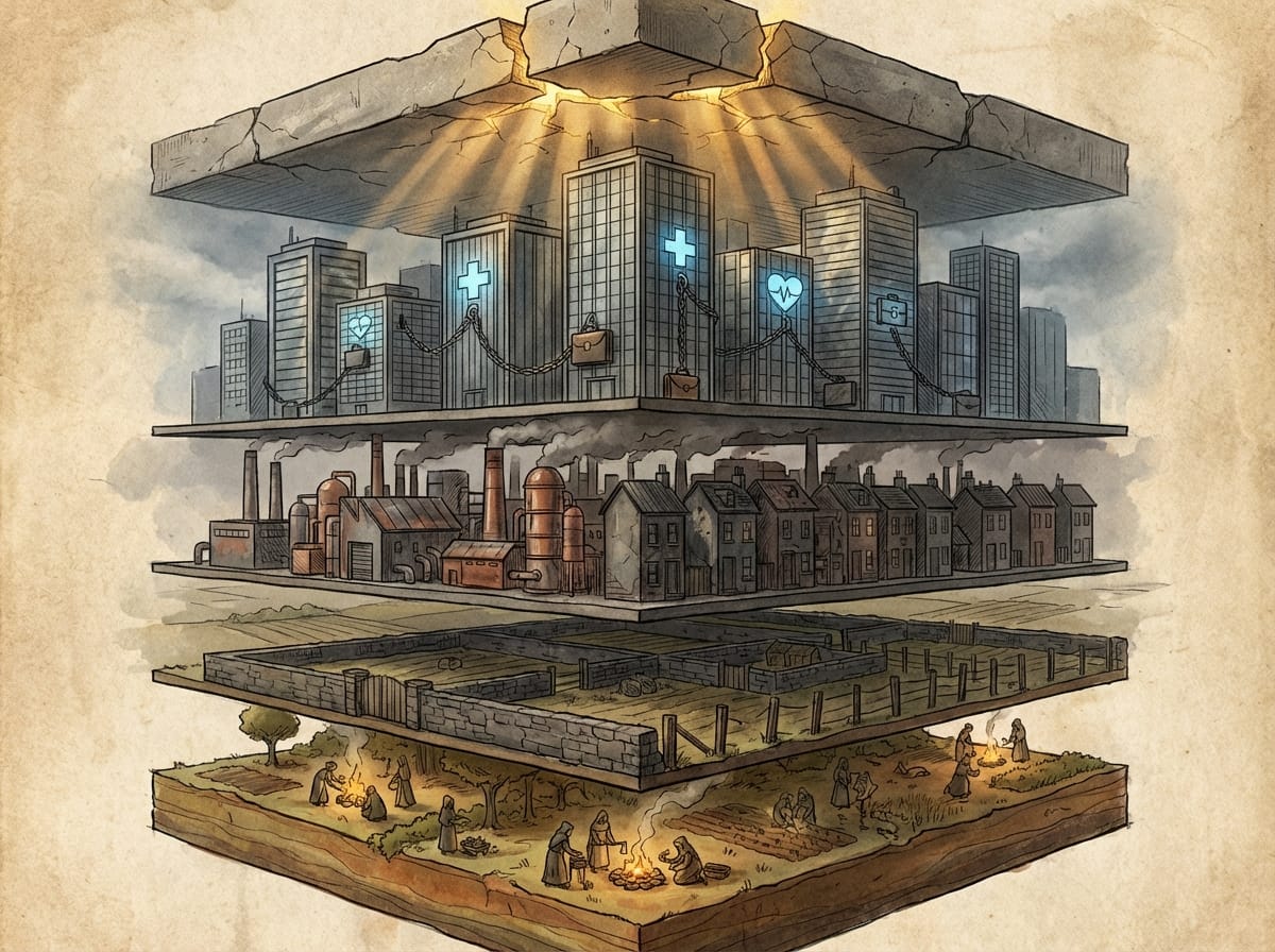 Cross-section of layered systems from open commons through enclosure, industry, and corporate dependency, cracking at the surface.