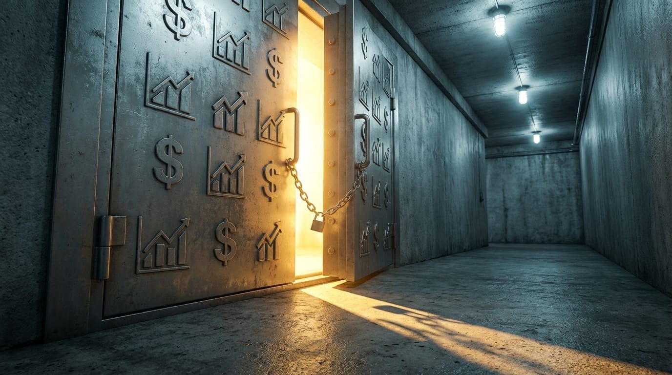 A vault door embossed with financial symbols stands barely ajar, brilliant warm light pouring through the narrow opening into a dark corridor