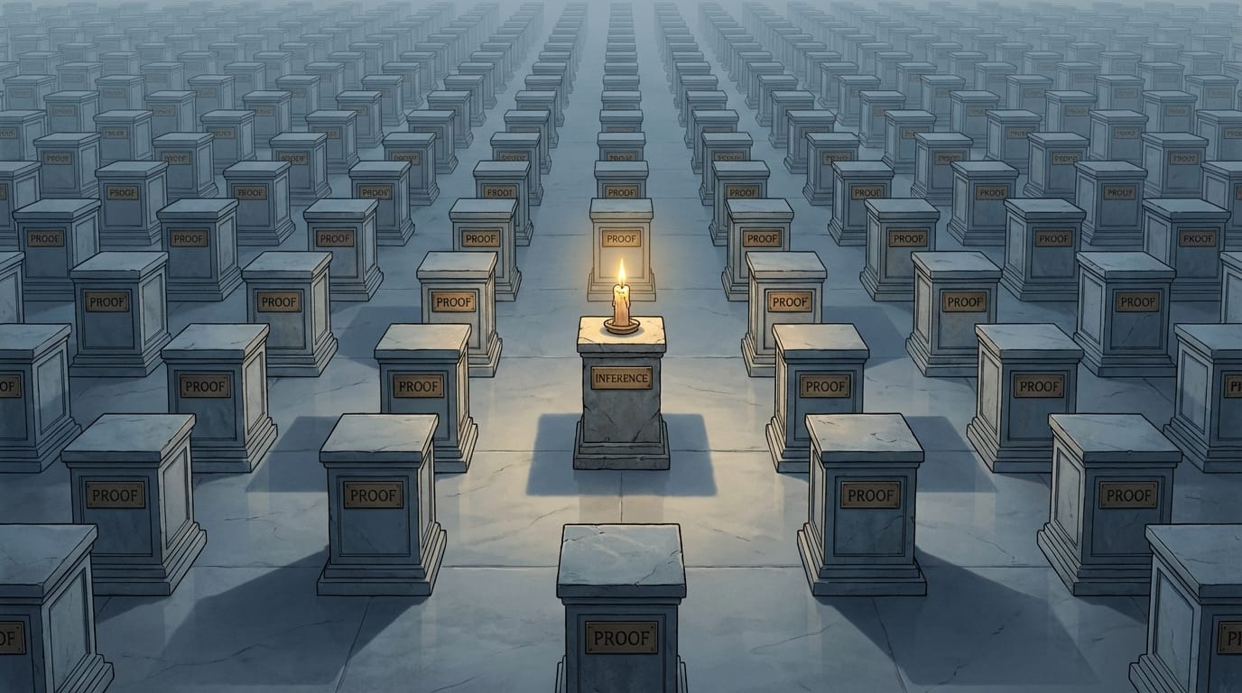 Thousands of empty pedestals labeled 'PROOF' fill a vast hall, while a single candle on a pedestal labeled 'INFERENCE' lights the space