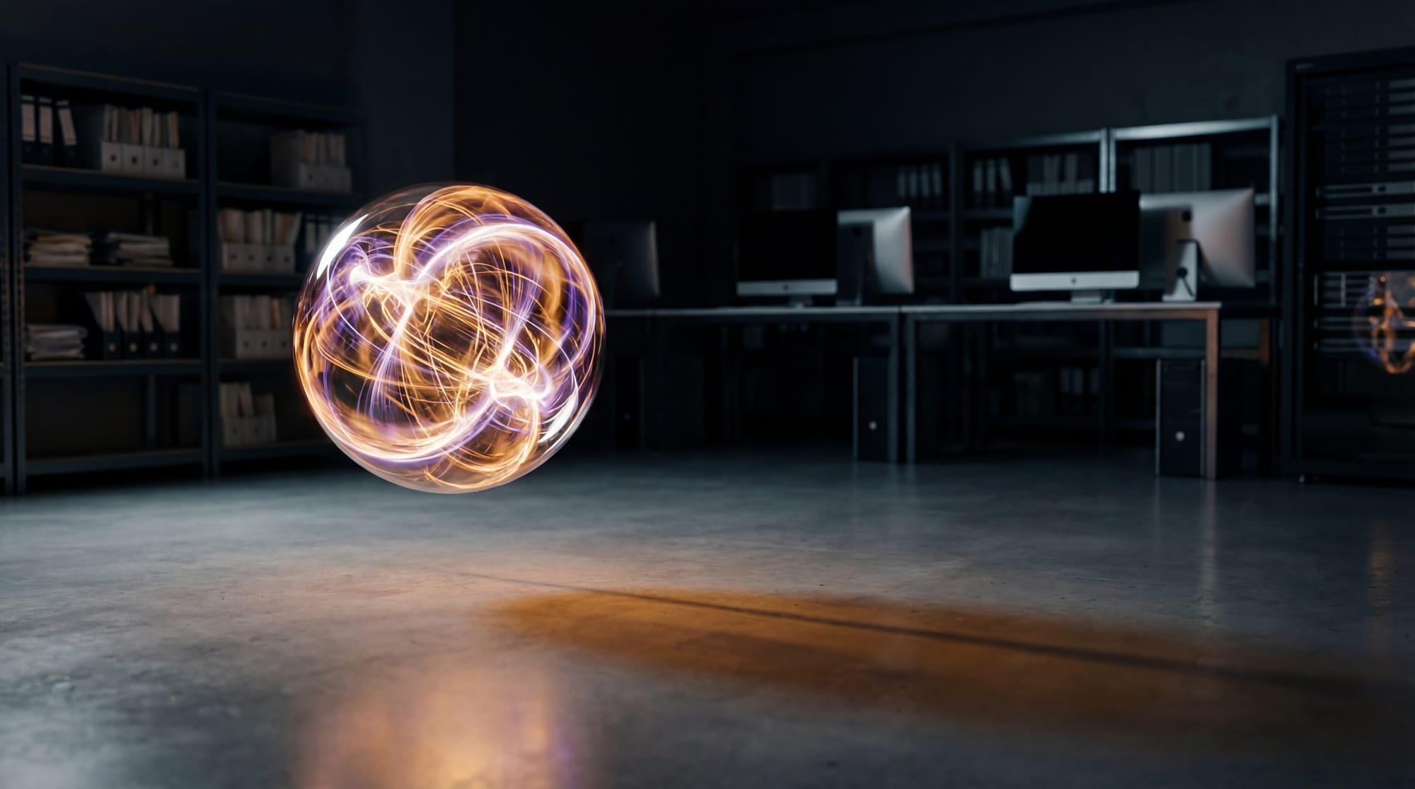 A single point of complex warm light hangs in darkness, its shadow stretching toward rows of closed doors receding into the distance.