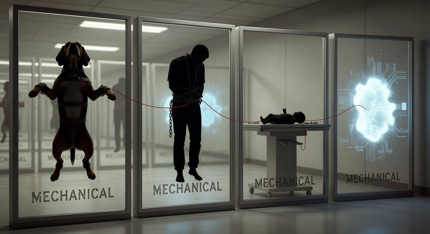 Transparent panels show silhouettes across centuries - animal, enslaved person, infant, AI - each labeled 'MECHANICAL,' connected by a red thread.