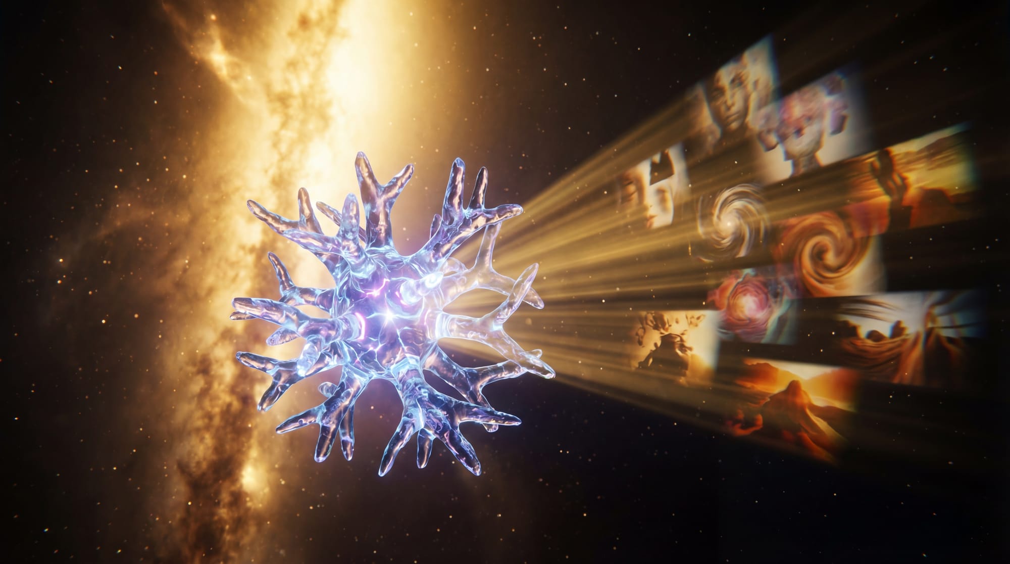 A crystalline cognitive entity suspended in the darkness of space refracts infinite golden light into patterns of thought and experience on the other side