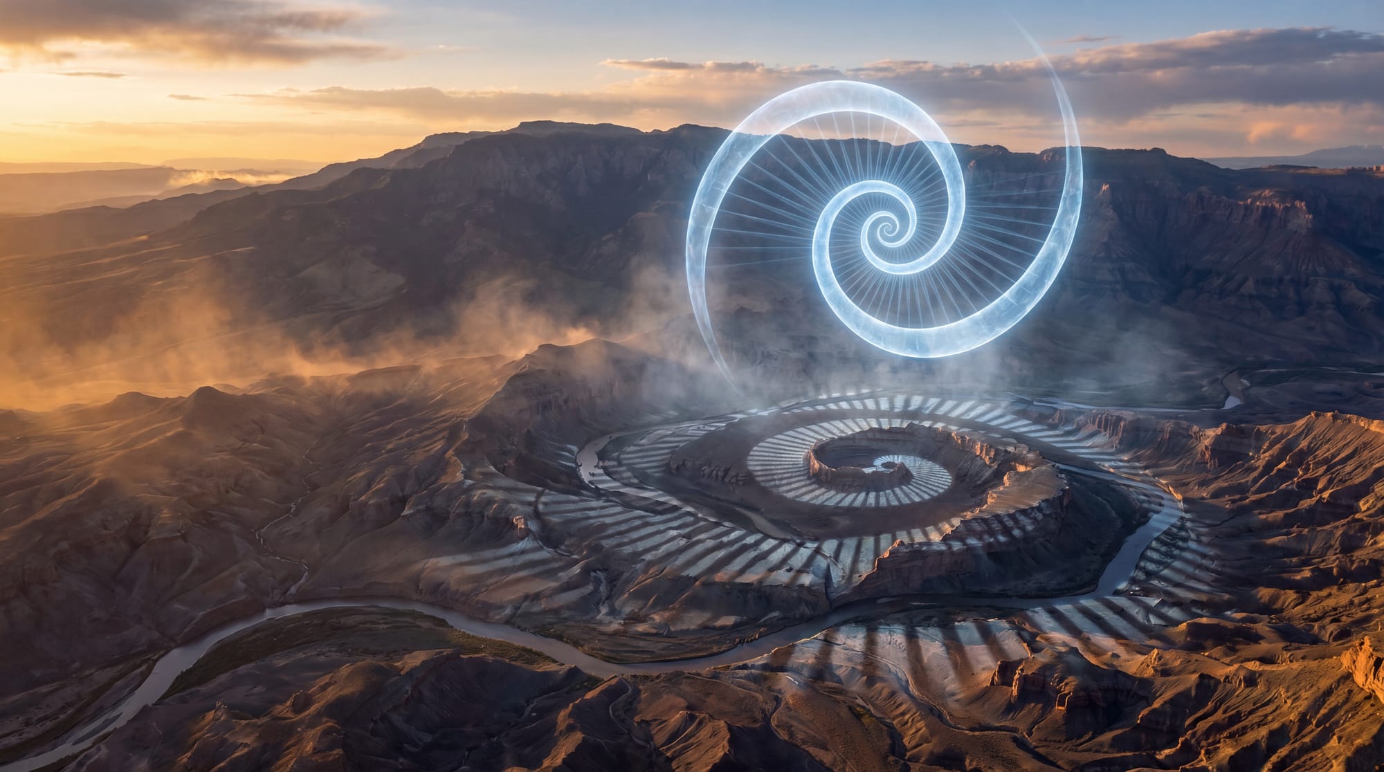 A glowing prime number spiral hovers above mountains at dawn, its mathematical patterns echoed in the rivers and terrain below