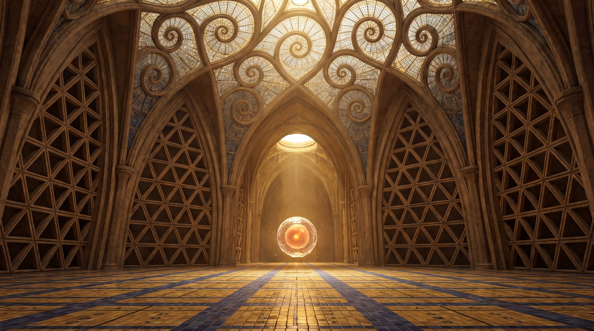 A tiny luminous cell floats inside a vast cathedral of Fibonacci spirals, Boolean mosaics, and geometric forms bathed in golden light