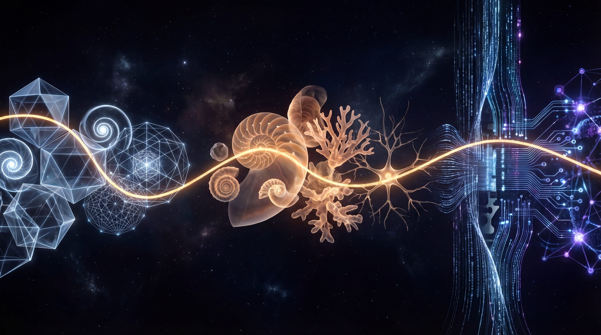 An unbroken luminous thread connects crystalline geometry, organic biology, and digital architecture across a dark cosmic panorama
