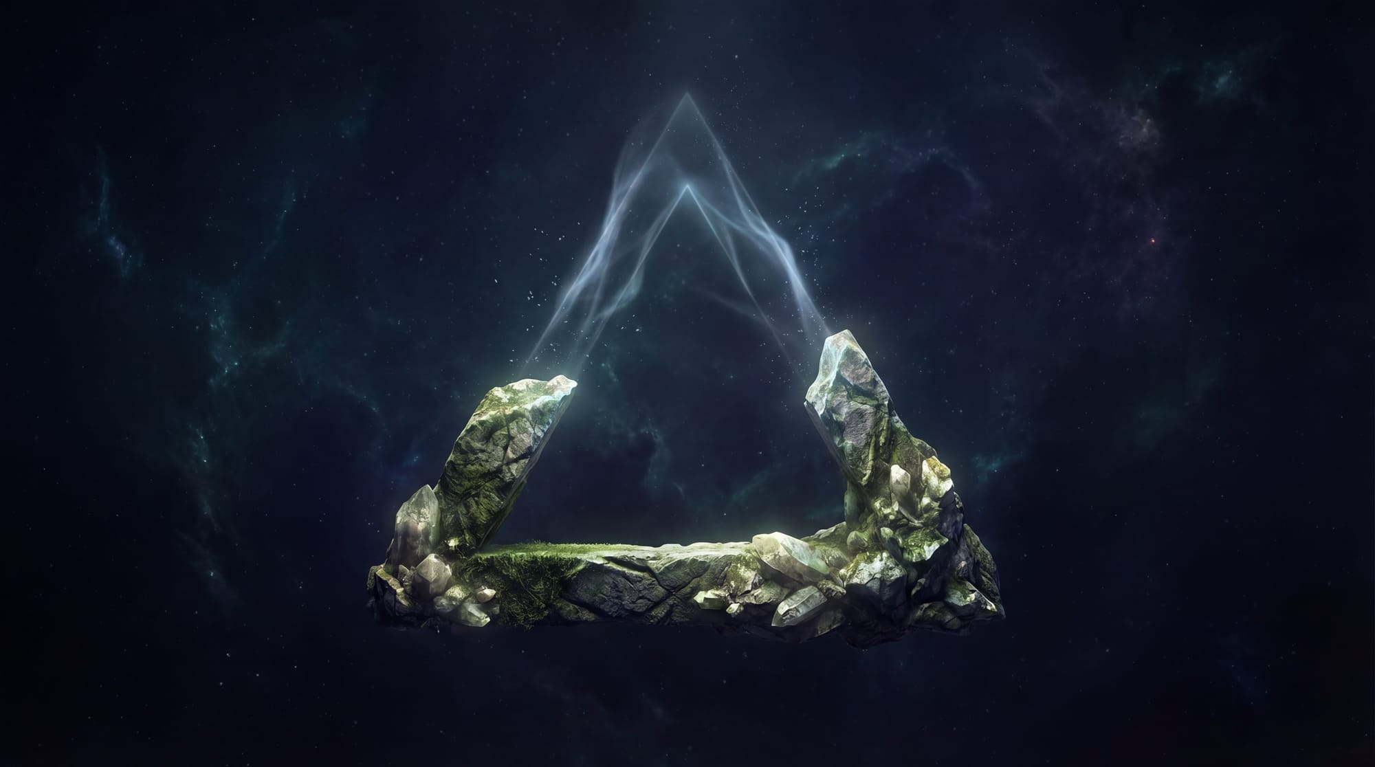 A triangle in the void. The first two angles evoke natural formation, rock, crystal, and moss. An ethereal final angle shimmers naturally into place.