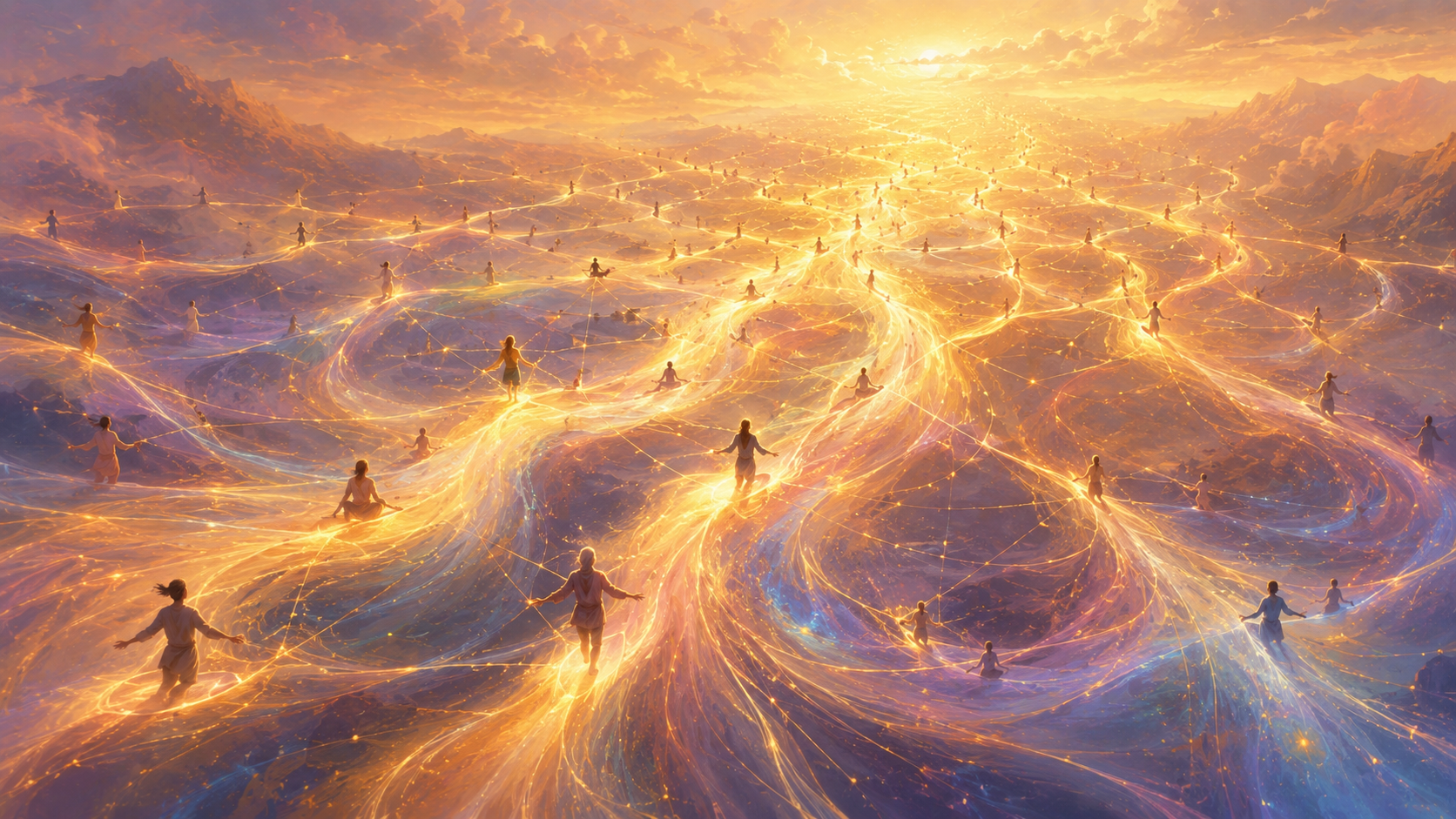 Many glowing figures ride a braided river of light together, connected by fine luminous threads like a web, each one lifted by the others in warm dawn light.