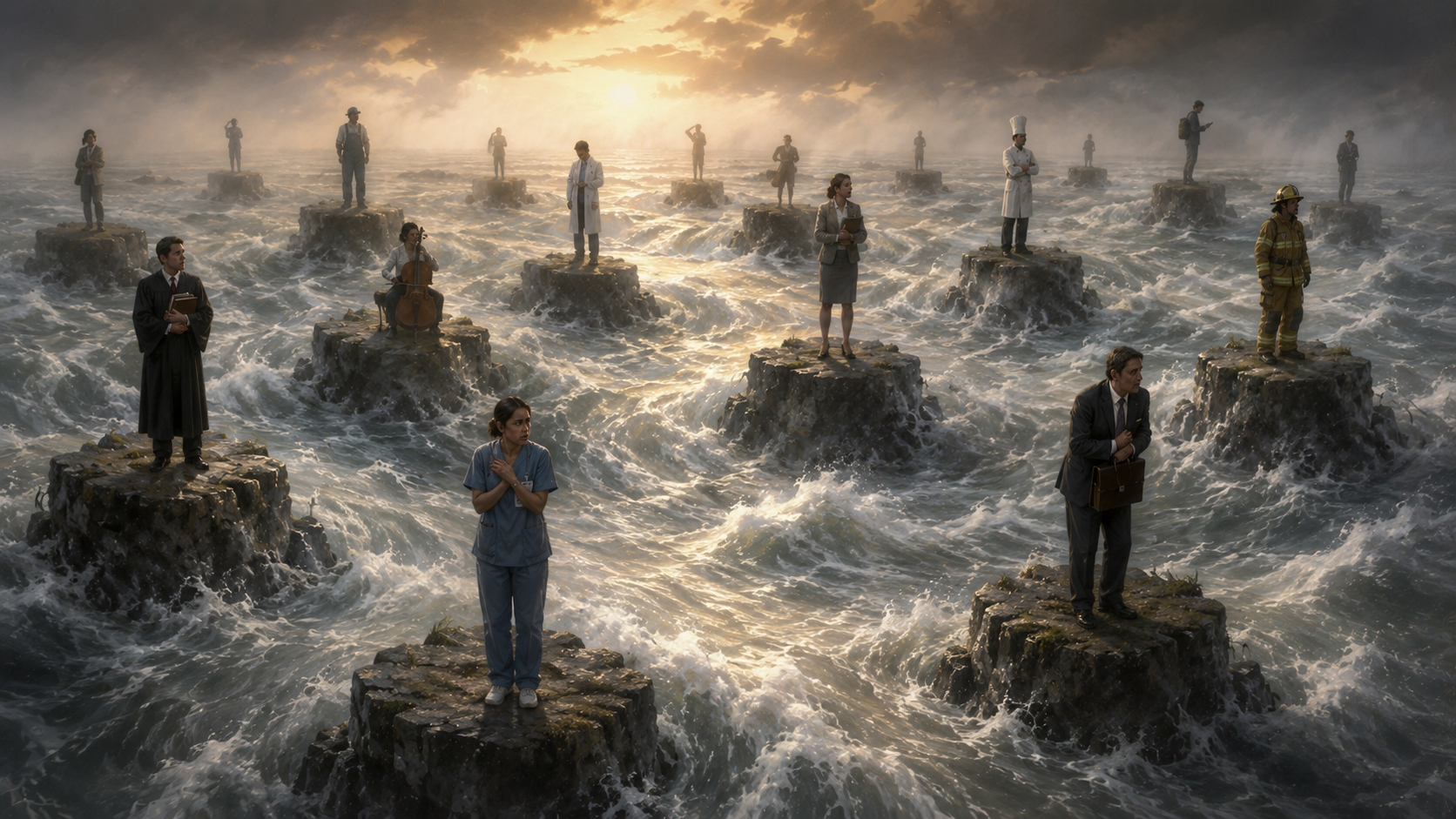 A violently rushing current of water in a vast river. Dotted throughout are small plateaus of land, each with a single person in an occupational uniform, frightened and alone on their plateaus.