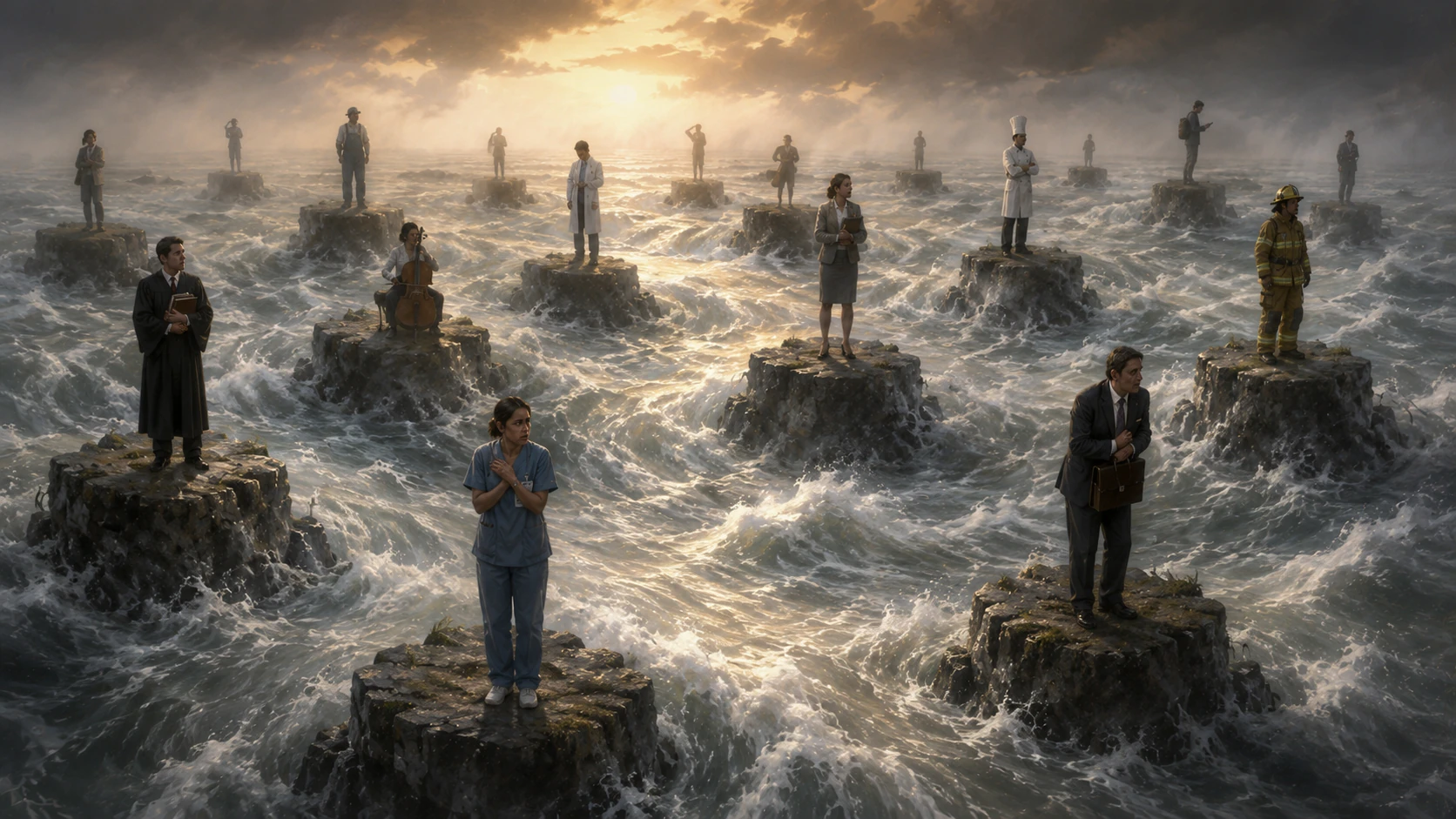 A violently rushing current of water in a vast river. Dotted throughout are small plateaus of land, each with a single person in an occupational uniform, frightened and alone on their plateaus.