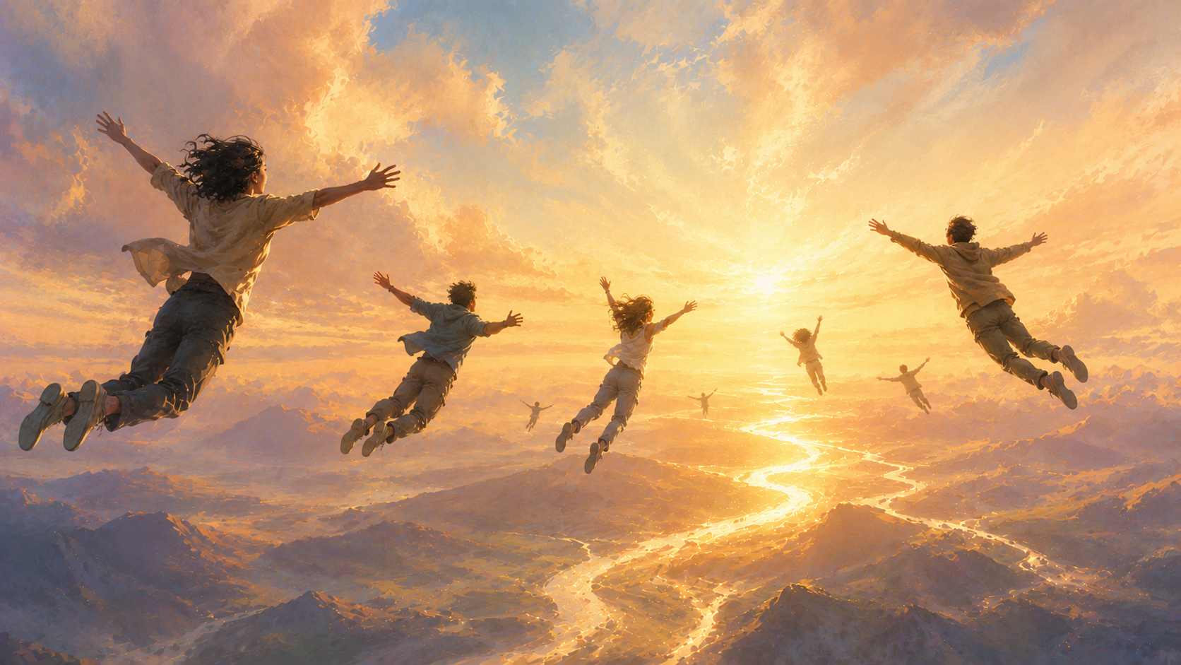 A group of people flying through the dawn sky, arms outstretched. Far below are towering mountains and a winding river.