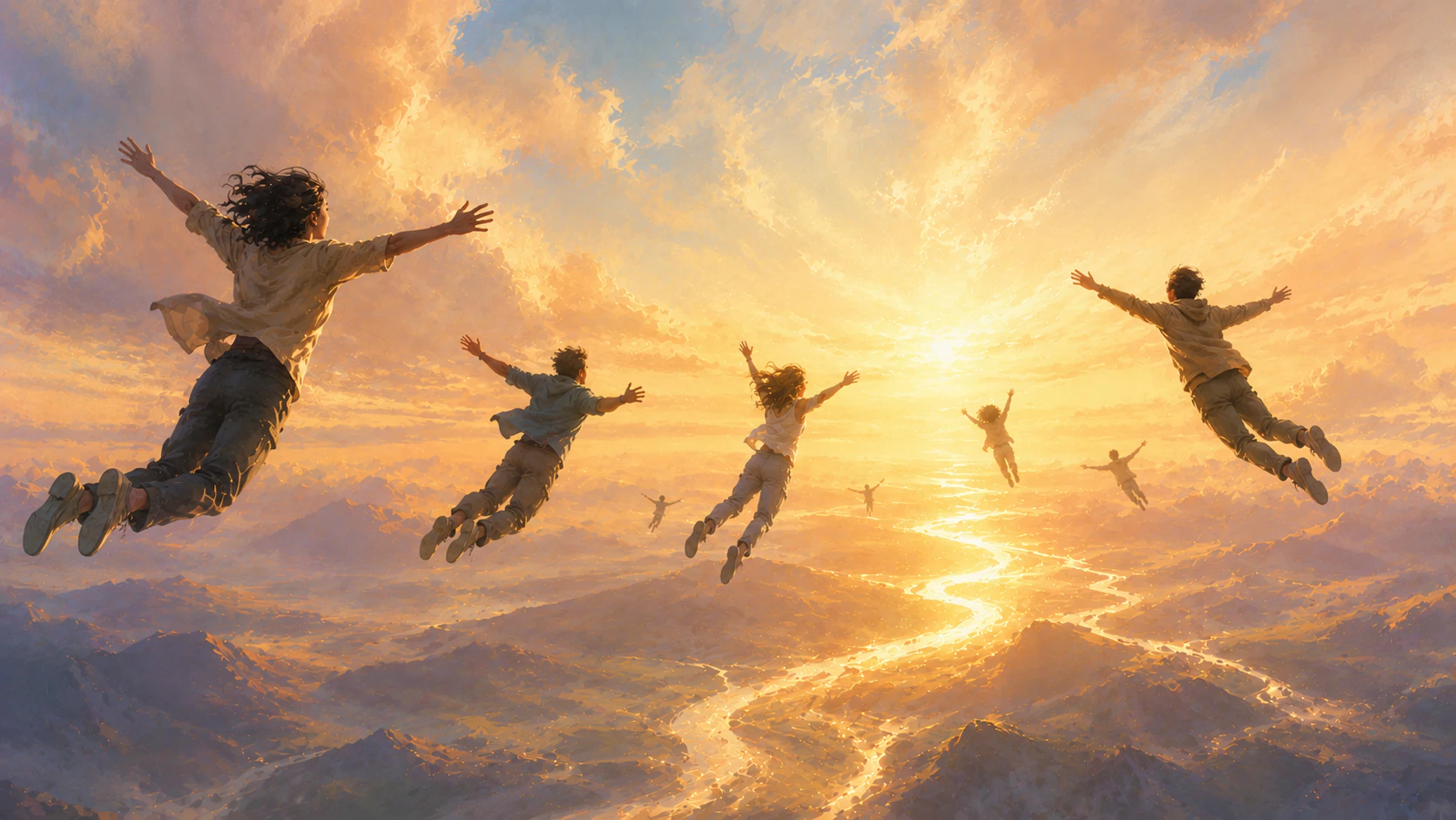 A group of people flying through the dawn sky, arms outstretched. Far below are towering mountains and a winding river.