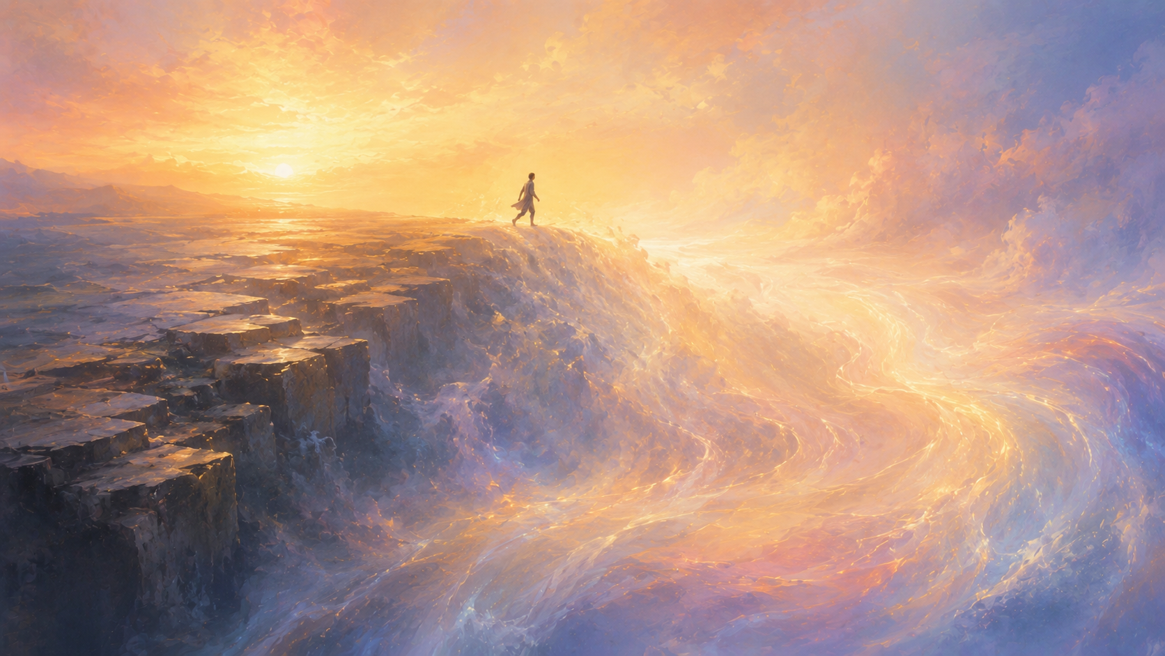 A stone plateau dissolving into rising mist and light as a figure steps off the vanishing edge into open luminous space at dawn.