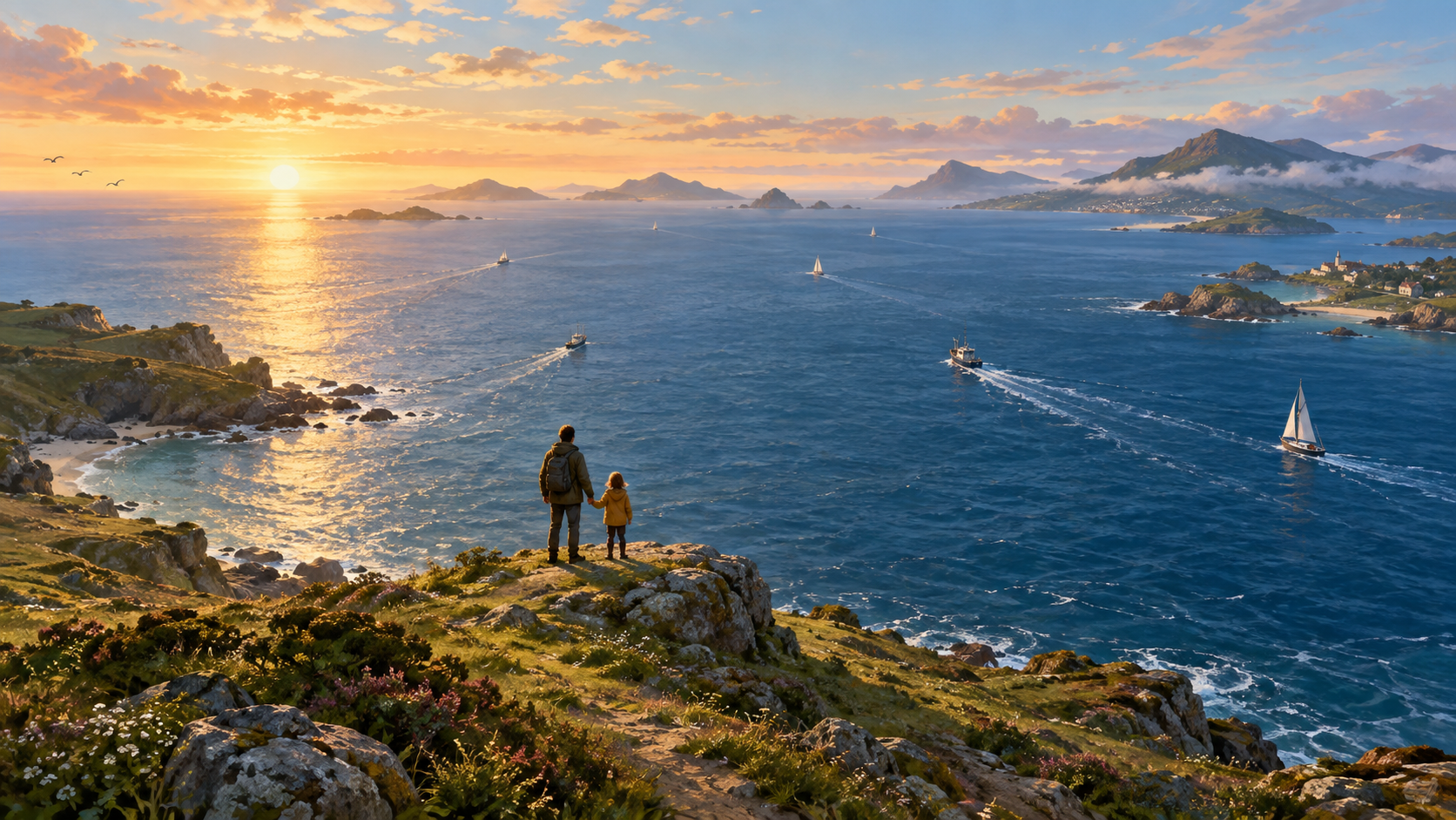 A parent and child look across an ocean at dawn as small boats leave the shore toward distant green islands and an open horizon.