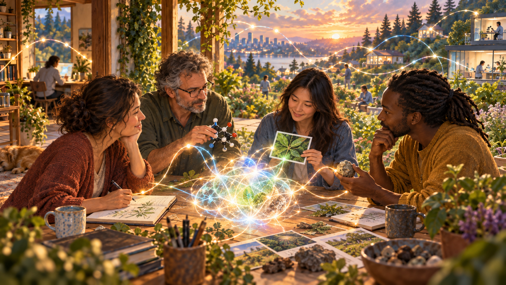 Families and researchers share observations with an abstract AI presence, with paths of light connecting their work to a wider community.