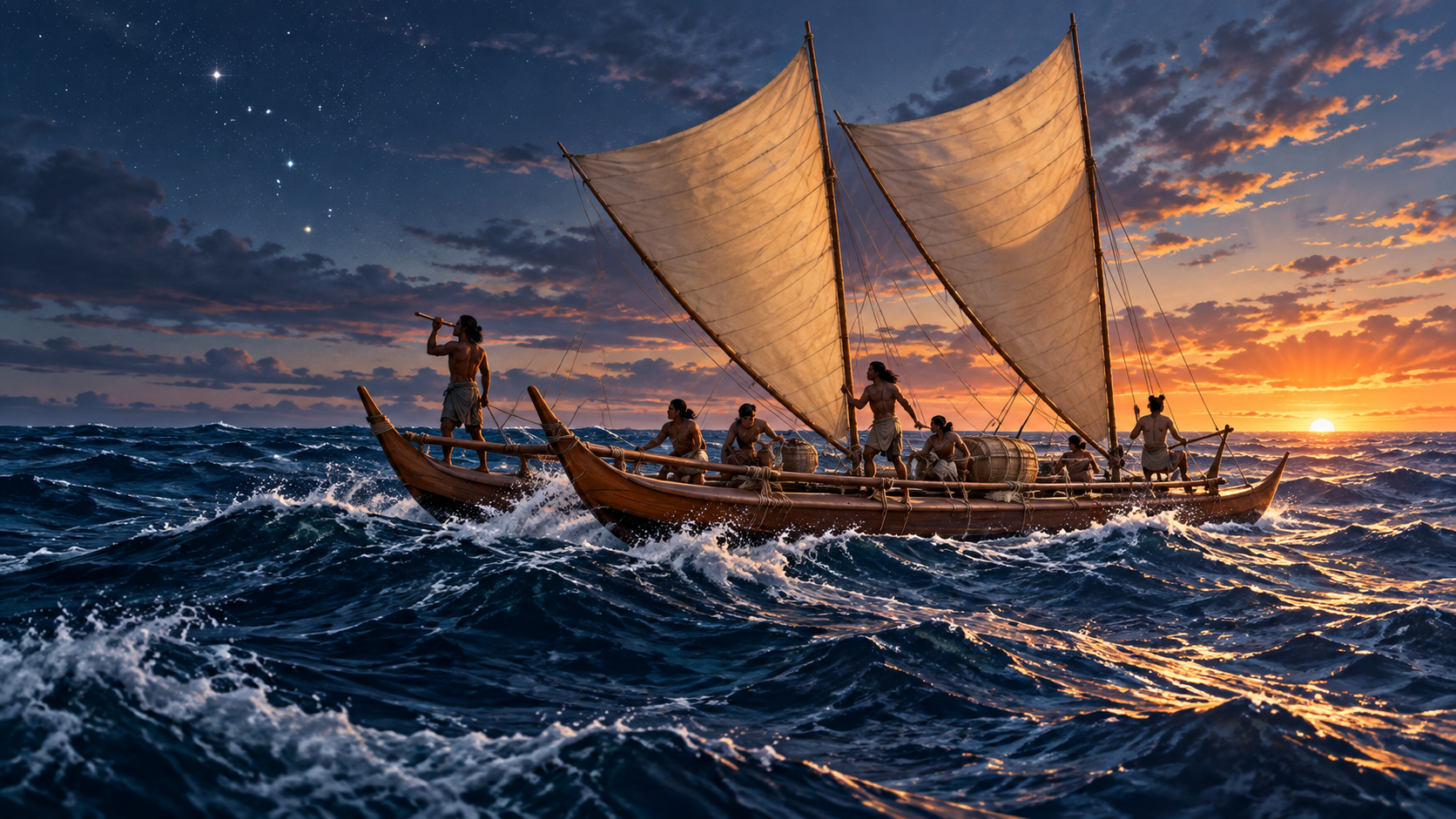 A crew sails a double-hulled voyaging canoe across the ocean at dawn, attending to the sails, swells, and stars above the horizon.