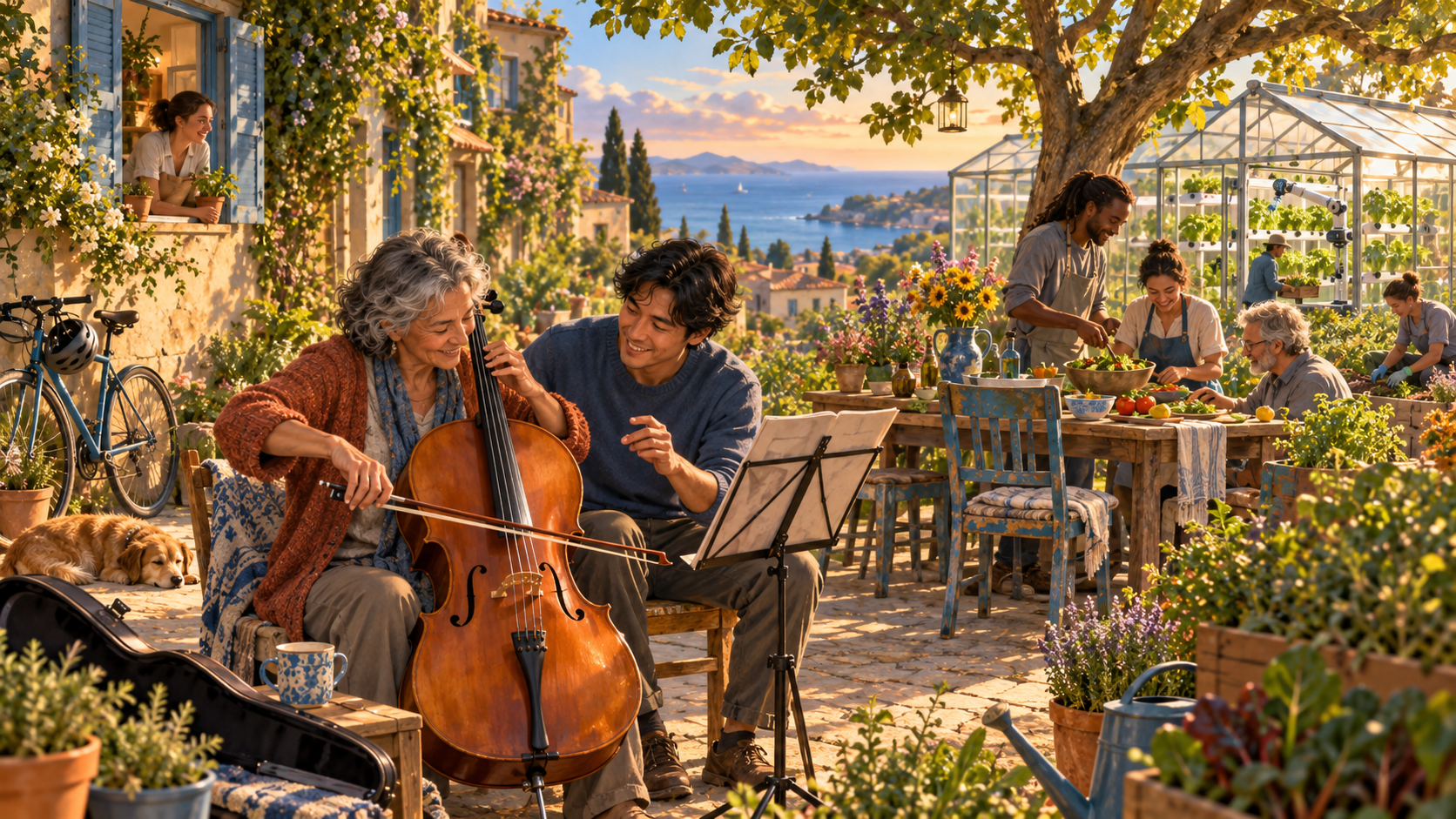 Two neighbors practice the cello in a sunlit courtyard, with a shared meal, gardens, homes, and a communal greenhouse behind them.