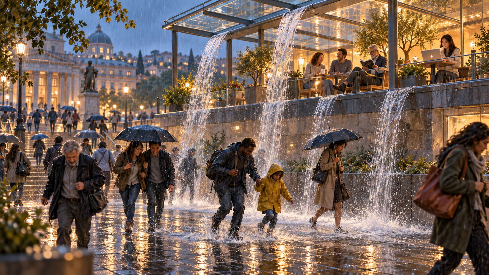 A glass canopy shelters a small group while its drains pour rainwater across crowded public paths, where people share umbrellas and help each other.