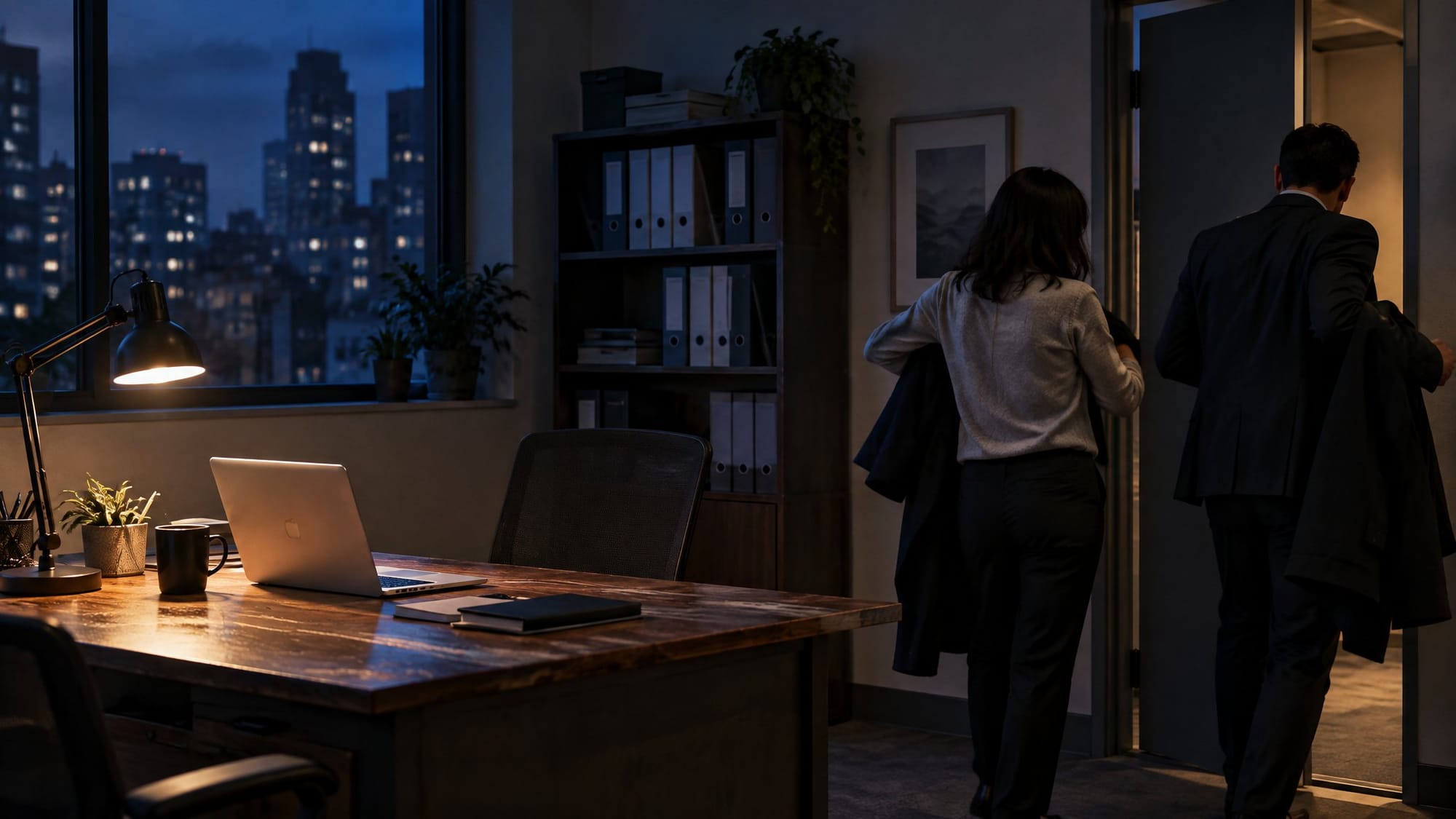 A small two-person office after dark.