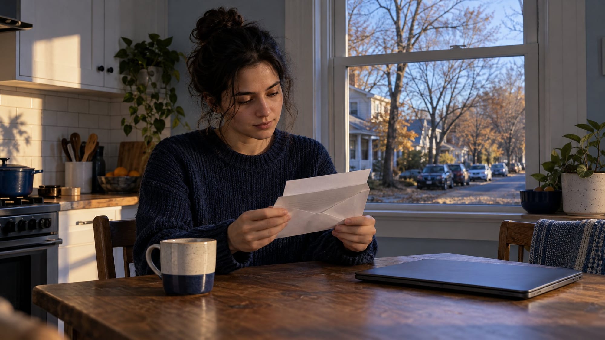 A small kitchen in early morning light, with one generic, unidentifiable young adult seated at a wooden table holding an opened envelope, a closed laptop and a coffee mug beside them.