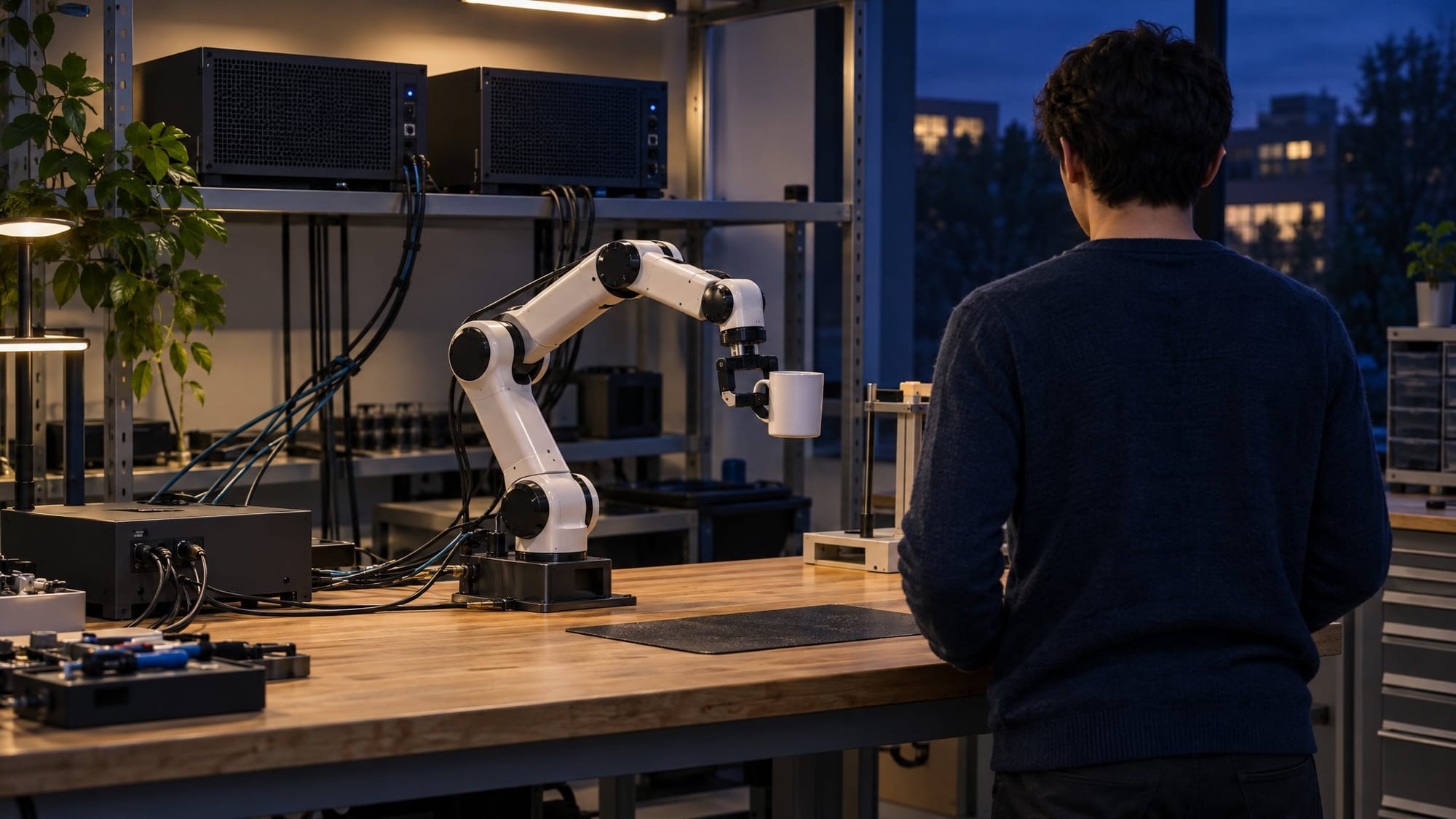 A small university robotics lab in the early evening, warm overhead light.