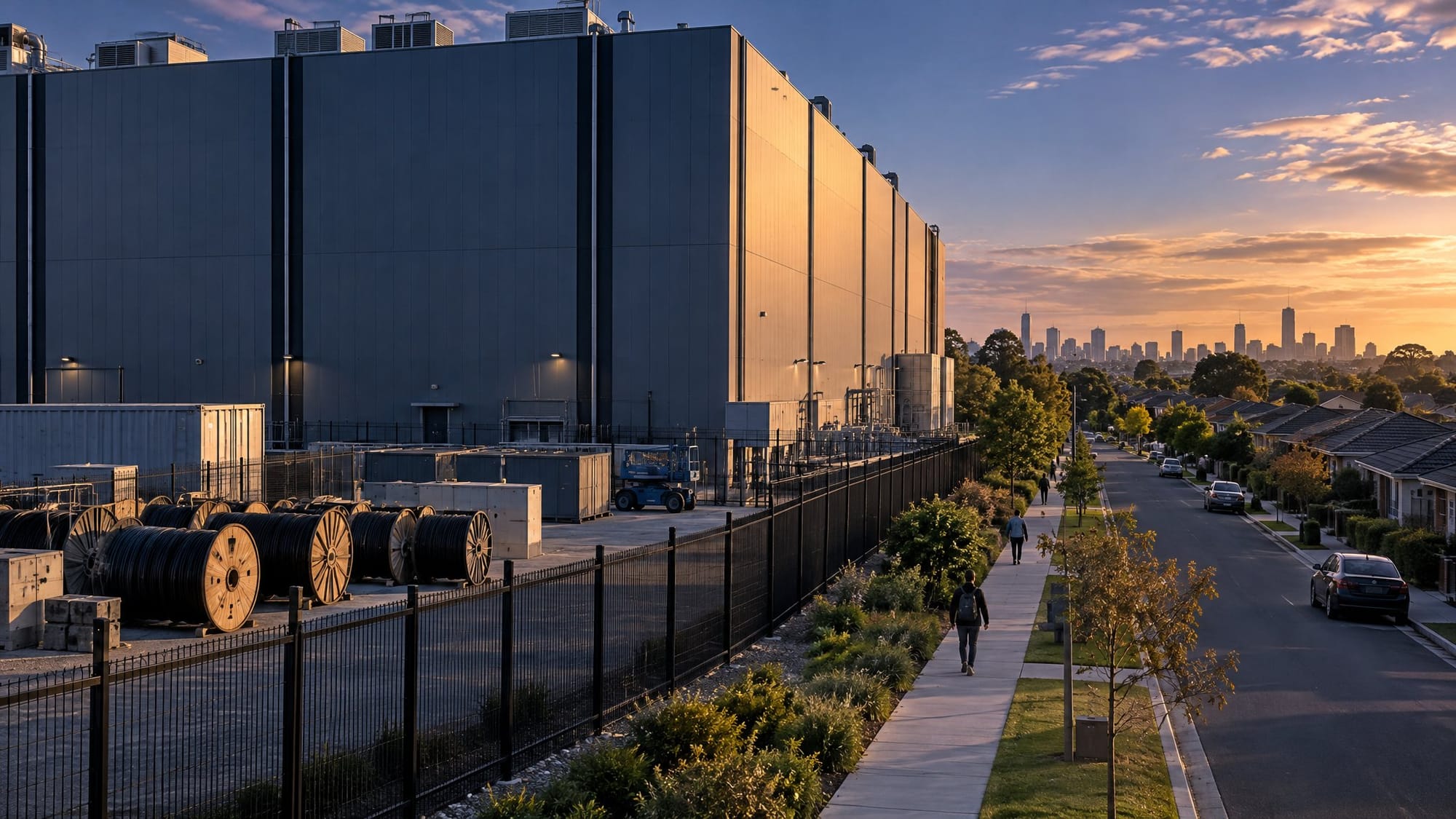 A large, windowless data-center building on the edge of a Melbourne suburb in late afternoon light, with a fenced work area along one side where big cable reels sit unused.