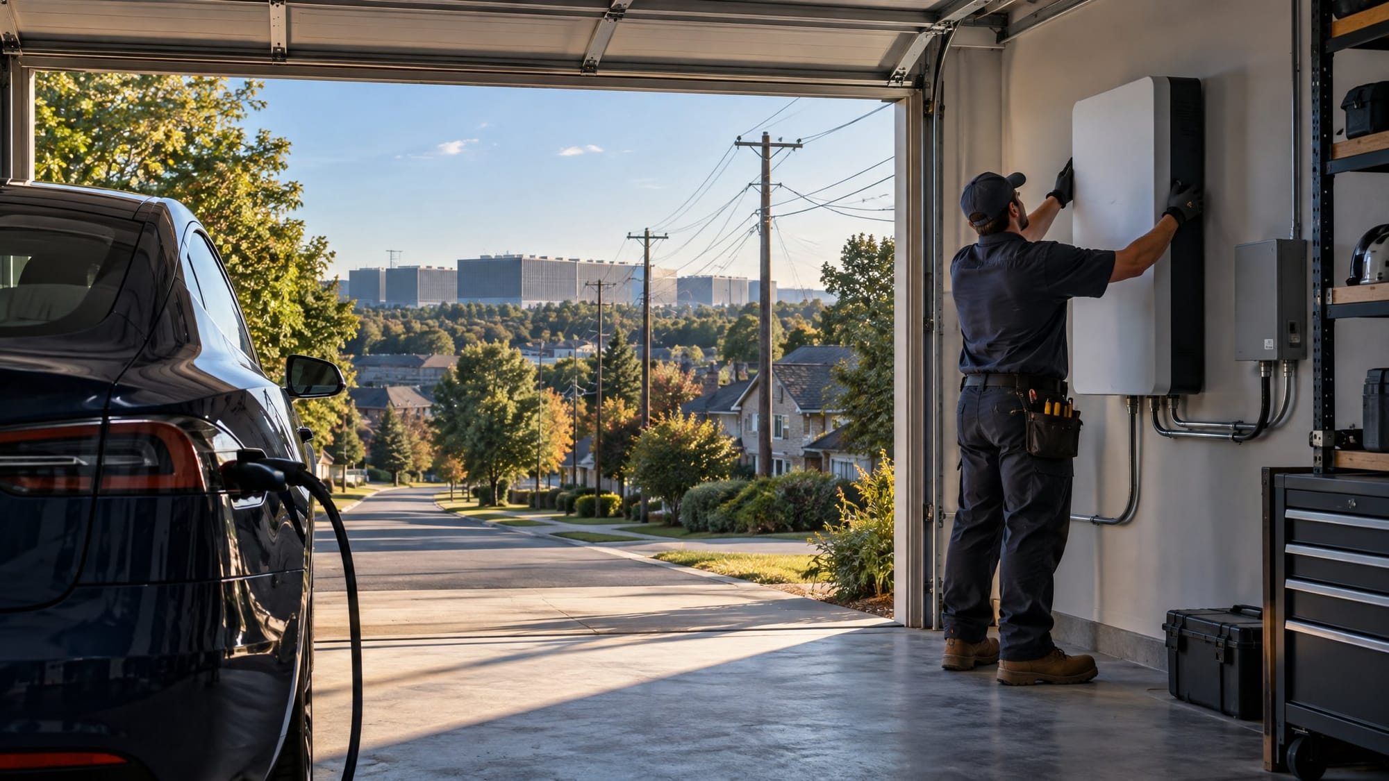 A suburban garage in Northern Virginia in warm afternoon light, a technician in work clothes mounting a wall battery beside a parked electric car.
