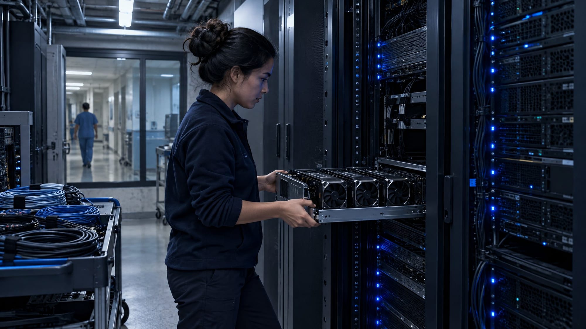 A research engineer in a hospital basement server room slides a tray holding four GPU cards into an open rack, with coiled cables on a cart beside her.