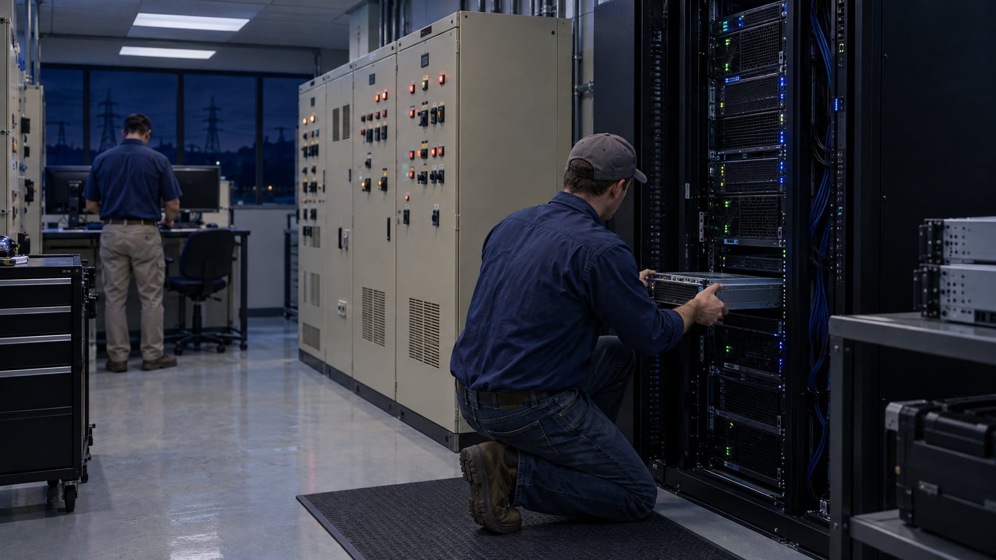 A small server room at a regional electric utility, lit by overhead fluorescent panels.