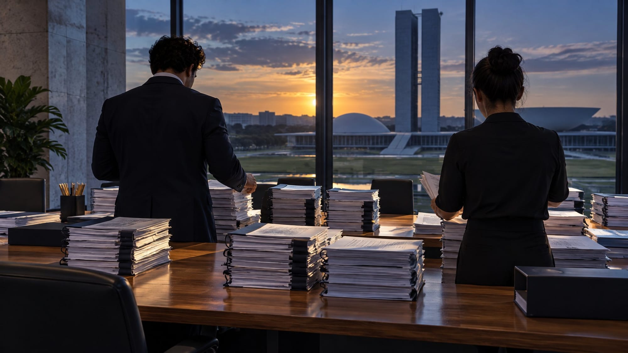 A long wooden table in a modern courthouse office in Brasília, covered with neat stacks of bound paper documents.