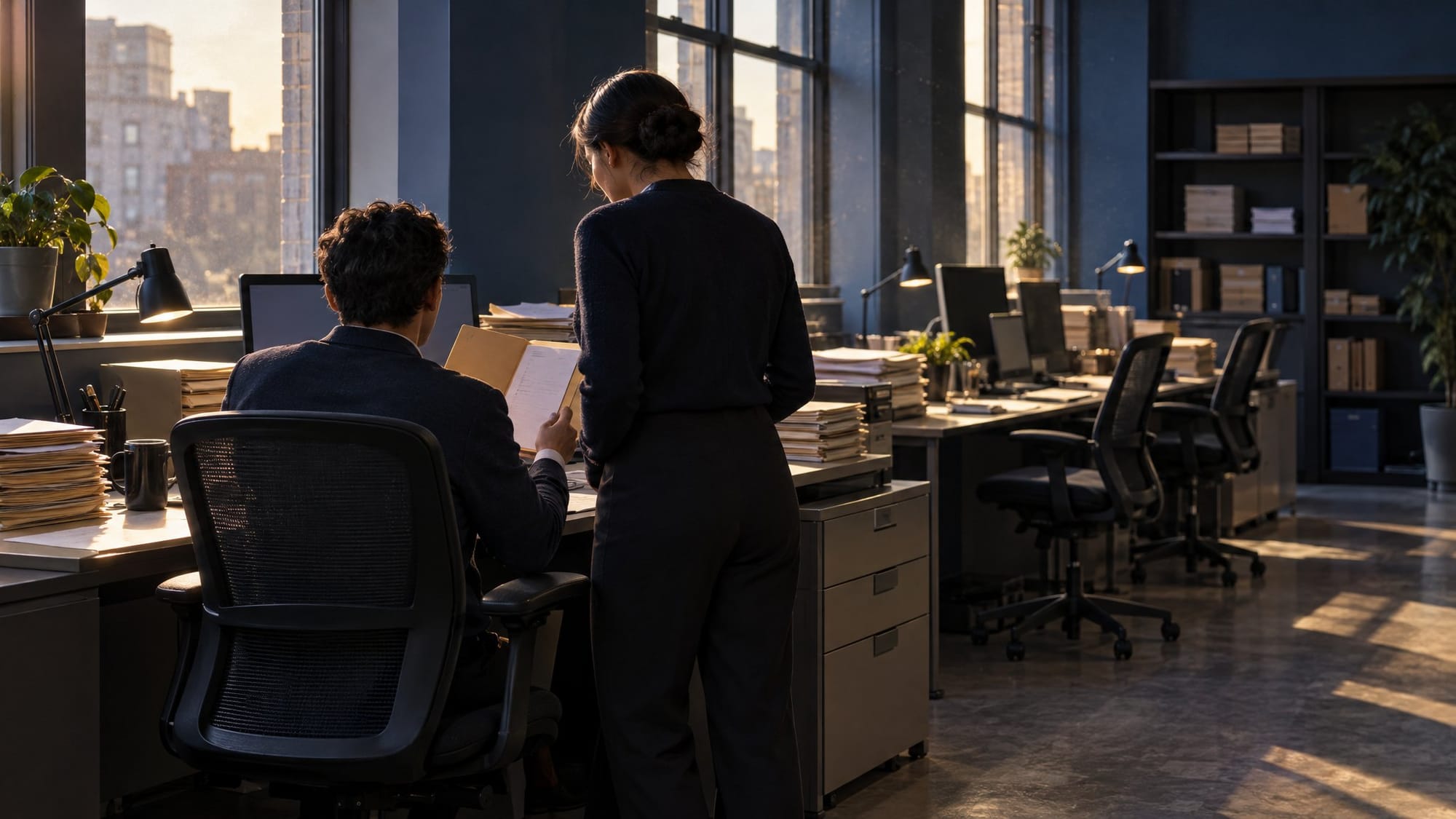 A long back office with rows of desks and stacks of paper case files, lit by warm afternoon daylight from tall windows.